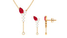 Minimal Created Ruby Dangle Necklace and Earrings Set in Gold with Moissanite Lab Created Ruby - ( AAAA ) - Quality - Rosec Jewels