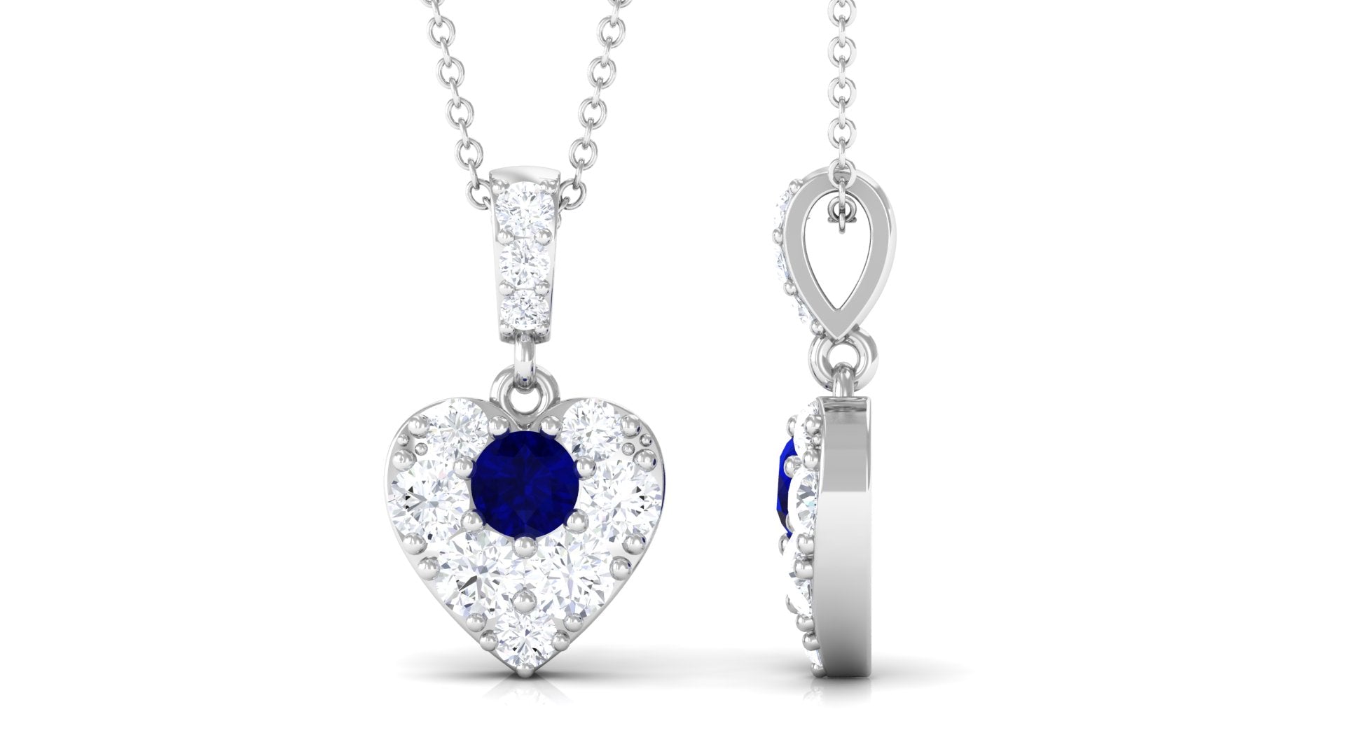 Natural Blue Sapphire and Moissanite Heart Pendant Necklace Blue Sapphire - ( AAA ) - Quality - Rosec Jewels