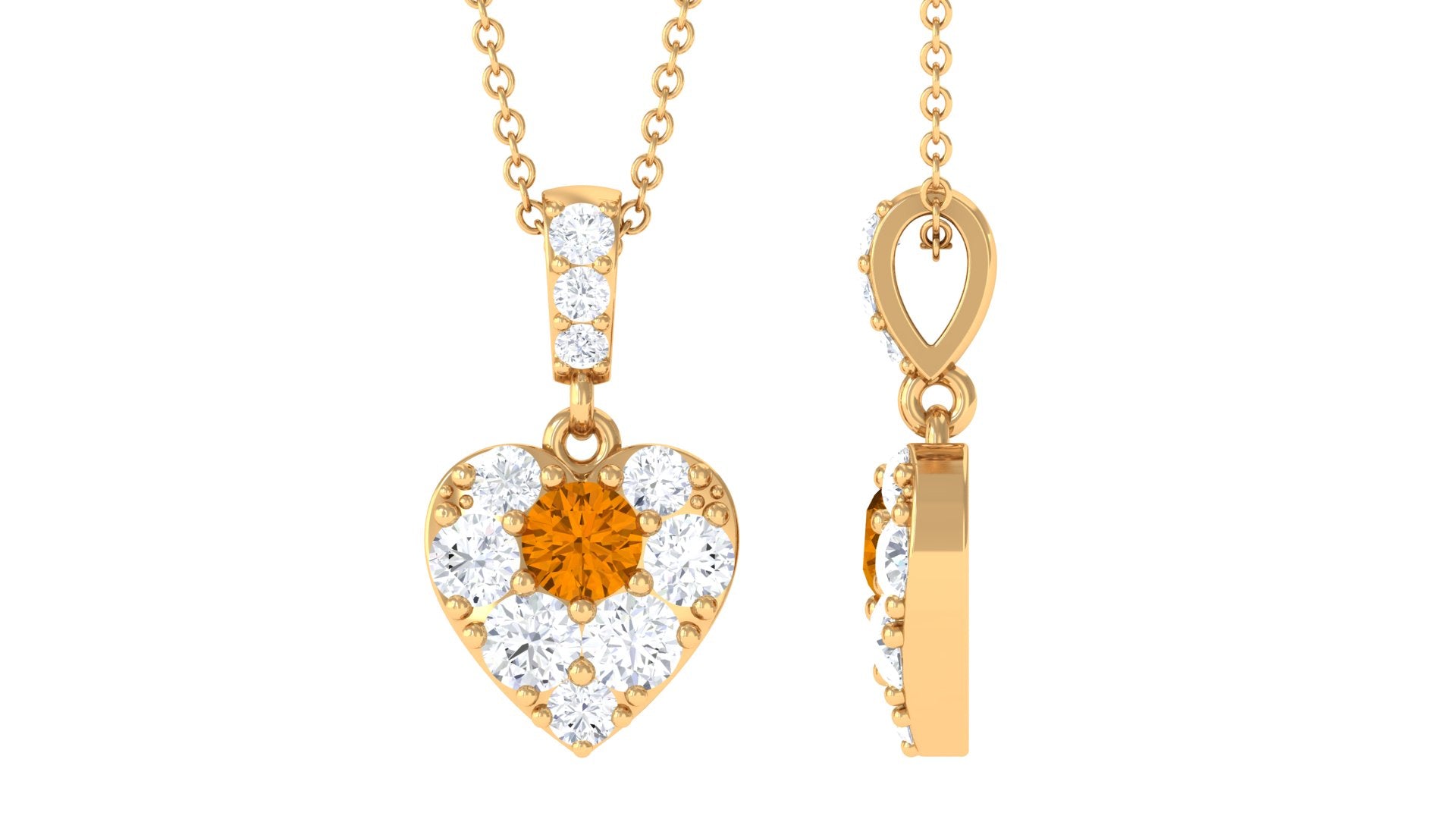 Round Citrine and Moissanite Heart Pendant with Decorative Bail Citrine - ( AAA ) - Quality - Rosec Jewels
