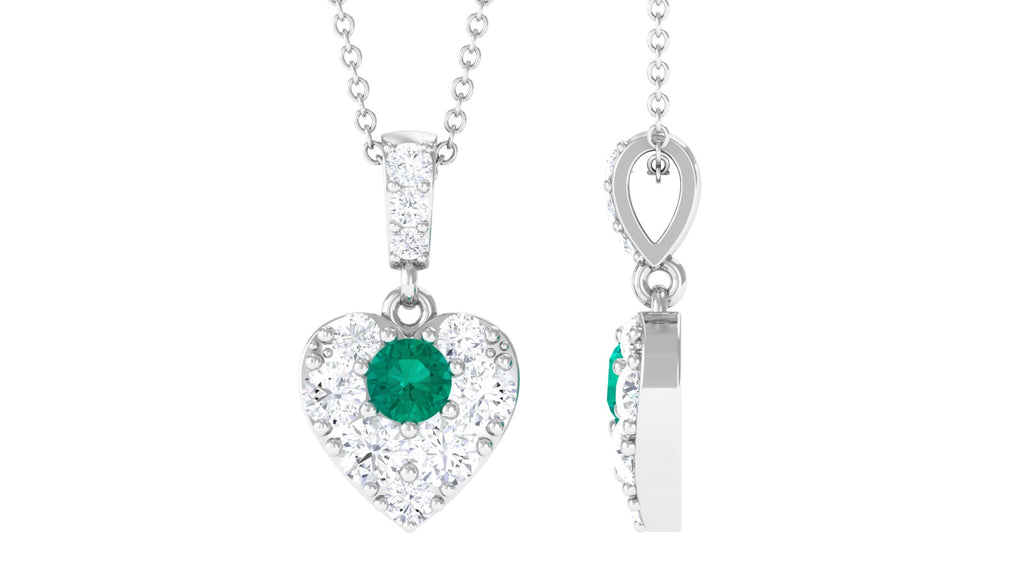 Round Emerald and Moissanite Heart Pendant with Decorative Bail Emerald - ( AAA ) - Quality - Rosec Jewels