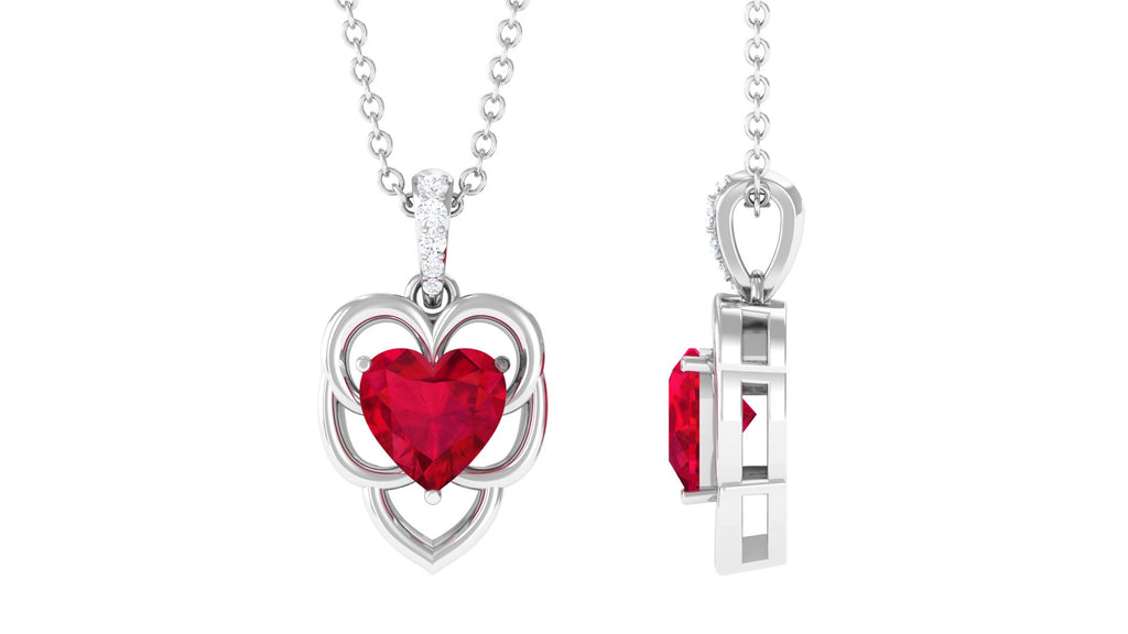 Heart Shape Created Ruby Leaf Pendant with Diamond Accent Bail Lab Created Ruby - ( AAAA ) - Quality - Rosec Jewels