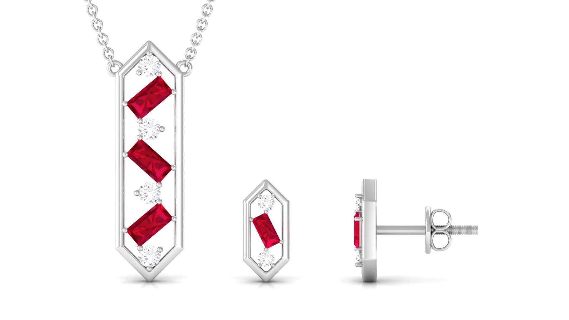 Contemporary Created Ruby and Diamond Dangle Jewelry Set Lab Created Ruby - ( AAAA ) - Quality - Rosec Jewels