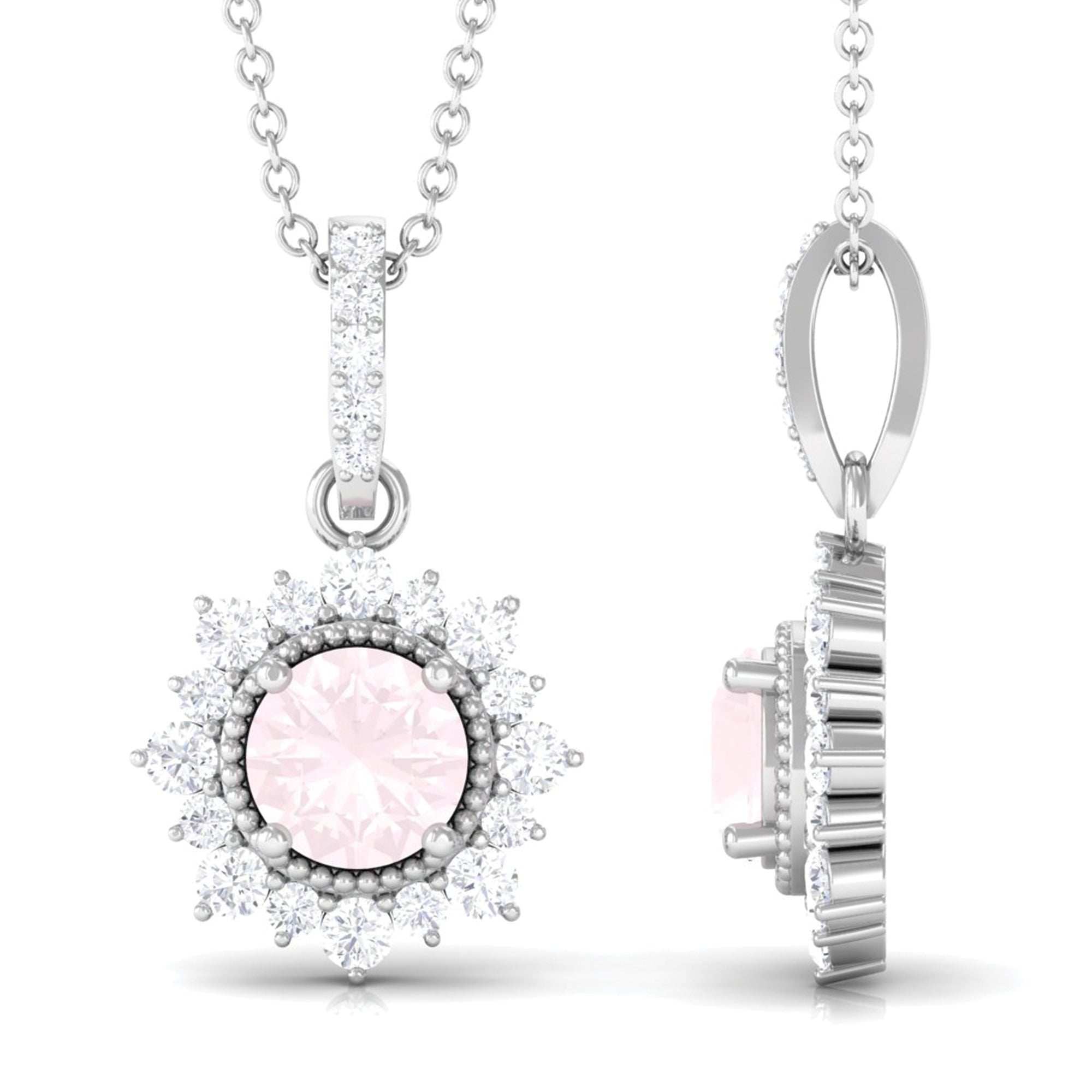 Rose Quartz and Diamond Halo Pendant Rose Quartz - ( AAA ) - Quality - Rosec Jewels
