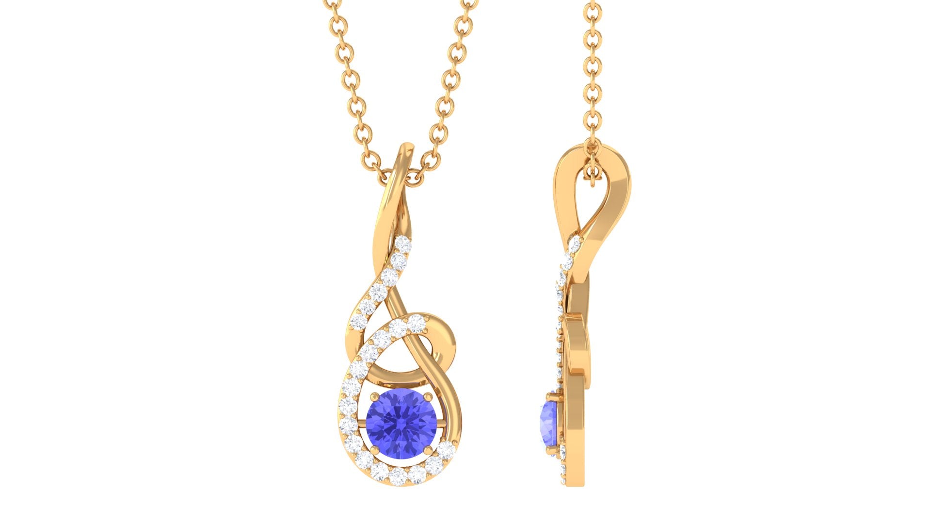 Round Tanzanite and Diamond Twisted Pendant Necklace Tanzanite - ( AAA ) - Quality - Rosec Jewels