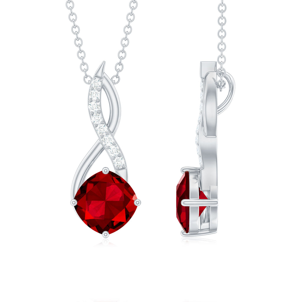 Cushion Cut Created Ruby Solitaire Infinity Pendant with Diamond Lab Created Ruby - ( AAAA ) - Quality - Rosec Jewels