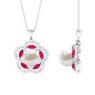 Freshwater Pearl Flower Pendant with Created Ruby and Moissanite Freshwater Pearl - ( AAA ) - Quality - Rosec Jewels
