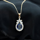 Oval Cut Created Blue Sapphire and Moissanite Floral Statement Pendant Lab Created Blue Sapphire - ( AAAA ) - Quality - Rosec Jewels