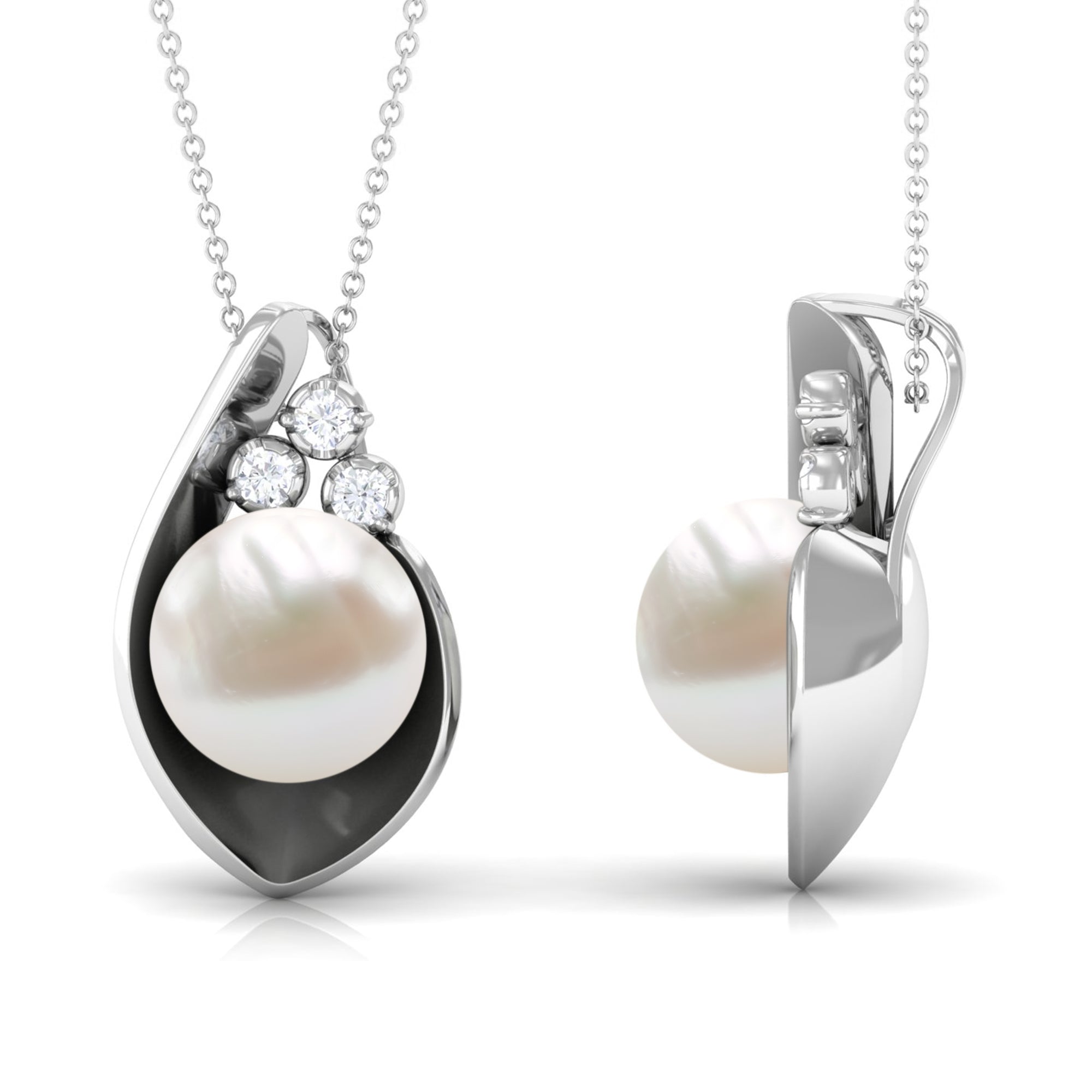 Real Freshwater Pearl Pendant Necklace with Diamond Freshwater Pearl - ( AAA ) - Quality - Rosec Jewels