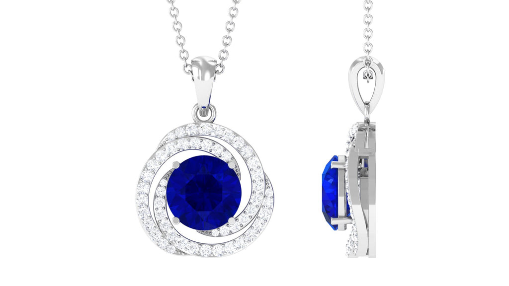Lab Grown Blue Sapphire Swirl Pendant Necklace With Moissanite Lab Created Blue Sapphire - ( AAAA ) - Quality - Rosec Jewels
