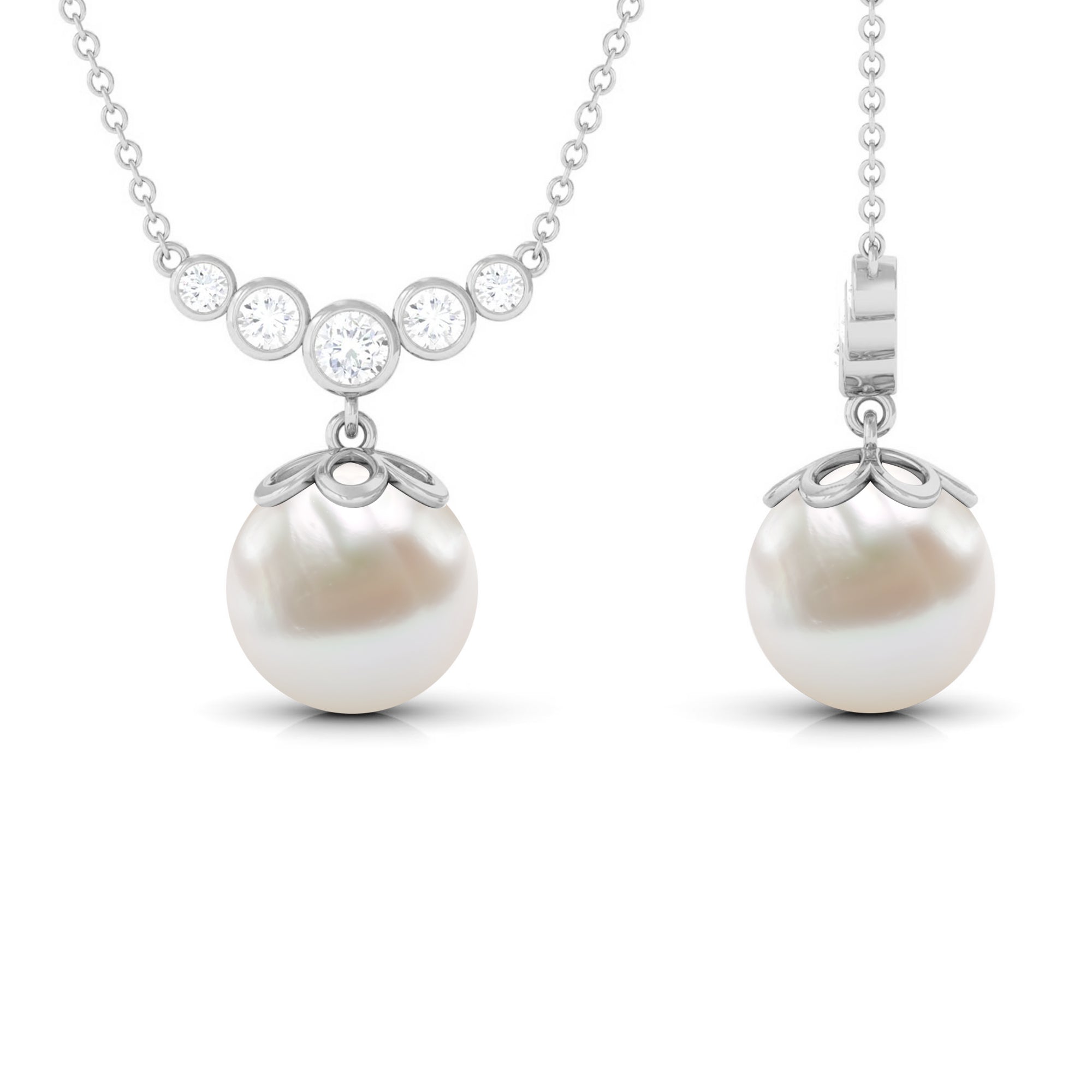 Round Freshwater Pearl Designer Necklace with Bezel Set Diamond Freshwater Pearl - ( AAA ) - Quality - Rosec Jewels