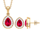 Created Ruby Teardrop Jewelry Set with Moissanite Halo Lab Created Ruby - ( AAAA ) - Quality - Rosec Jewels