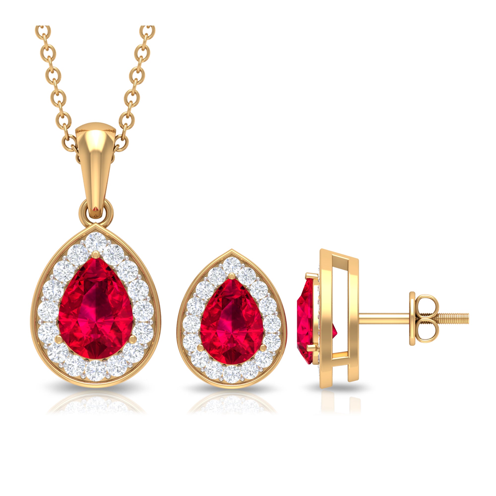 Created Ruby Teardrop Jewelry Set with Moissanite Halo Lab Created Ruby - ( AAAA ) - Quality - Rosec Jewels