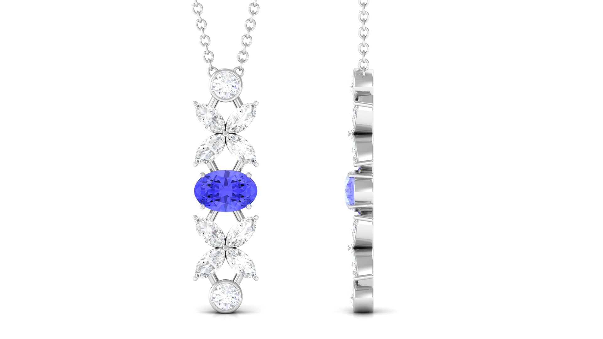 Oval Tanzanite and Diamond Flower Dangle Necklace Tanzanite - ( AAA ) - Quality - Rosec Jewels