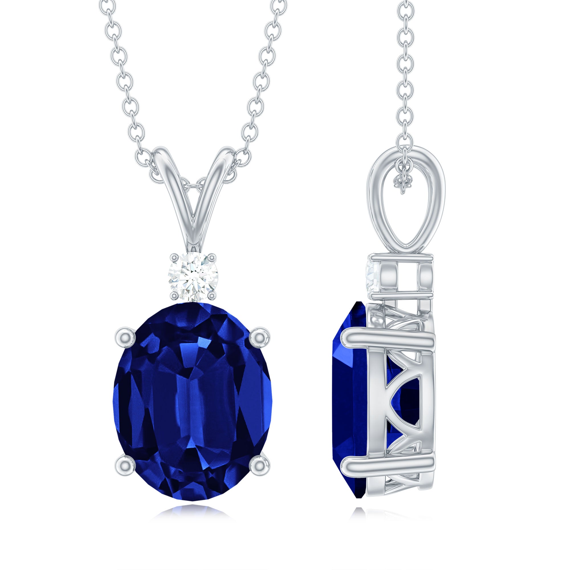 Oval Created Blue Sapphire Solitaire Pendant with Dainty Moissanite Lab Created Blue Sapphire - ( AAAA ) - Quality - Rosec Jewels