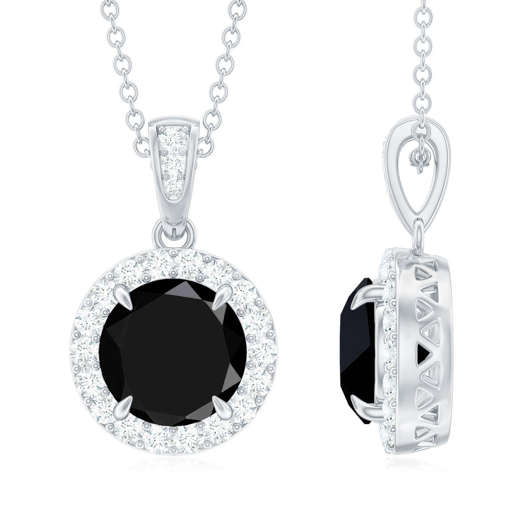 Created Black Diamond and Diamond Halo Pendant Necklace Lab Created Black Diamond - ( AAAA ) - Quality - Rosec Jewels