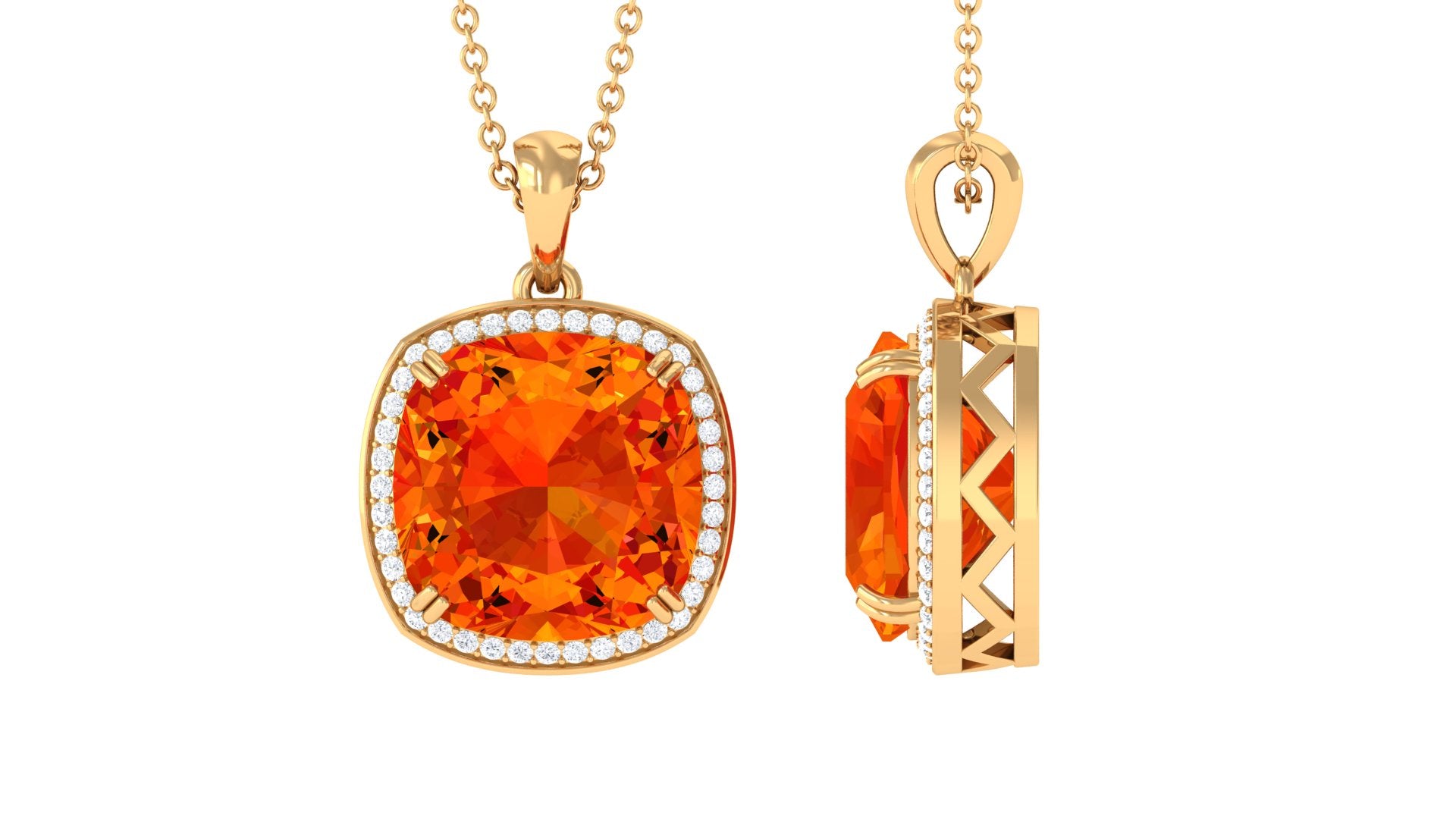 Created Orange Sapphire and Moissanite Halo Pendant Necklace Lab Created Orange Sapphire - ( AAAA ) - Quality - Rosec Jewels