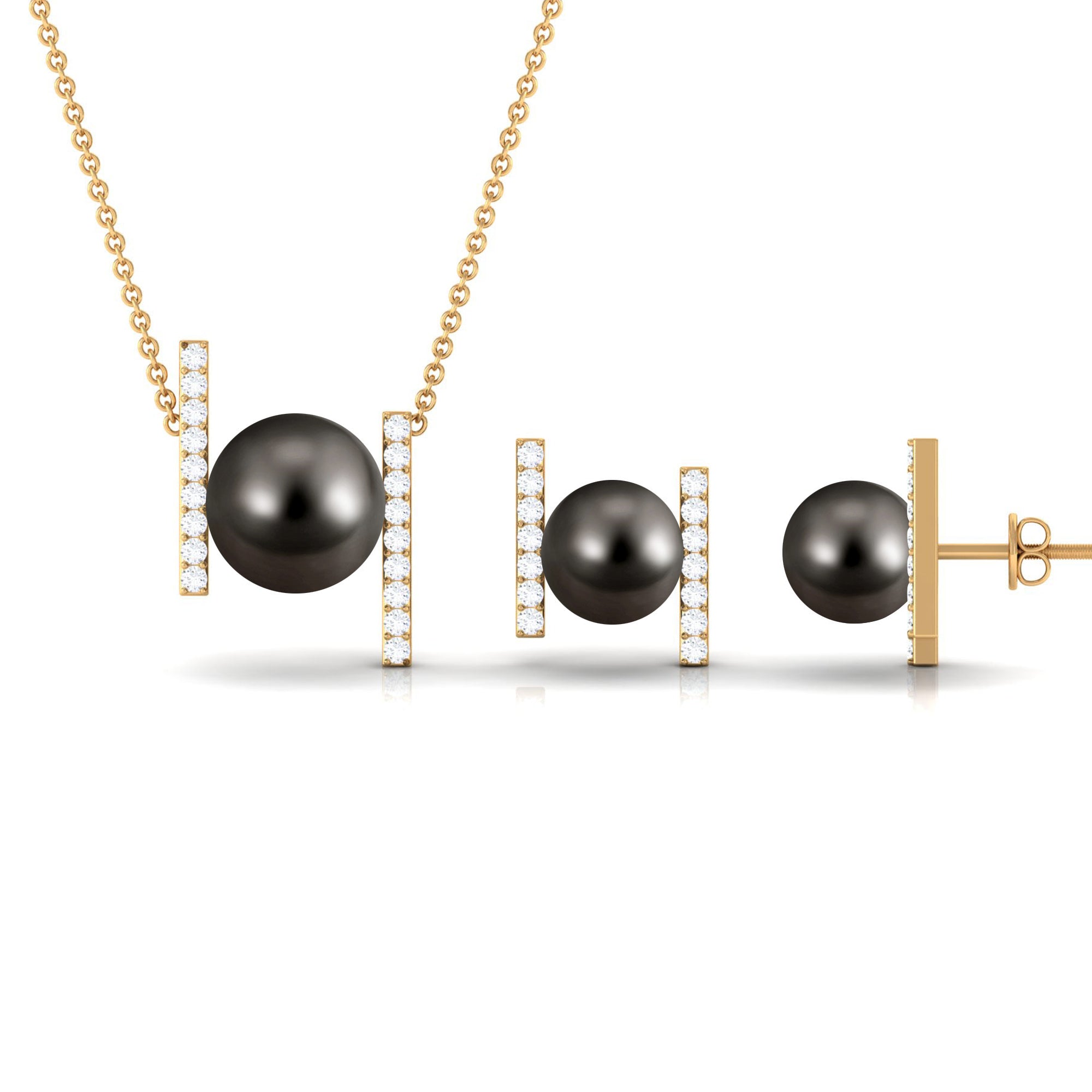 Black Tahitian Pearl Necklace and Earrings Set with Moissanite Tahitian pearl - ( AAA ) - Quality - Rosec Jewels