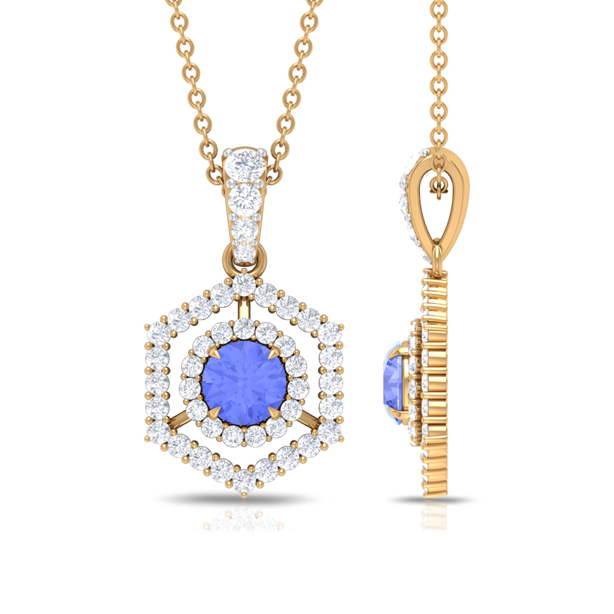 Tanzanite and Diamond Hexagon Pendant Necklace Tanzanite - ( AAA ) - Quality - Rosec Jewels