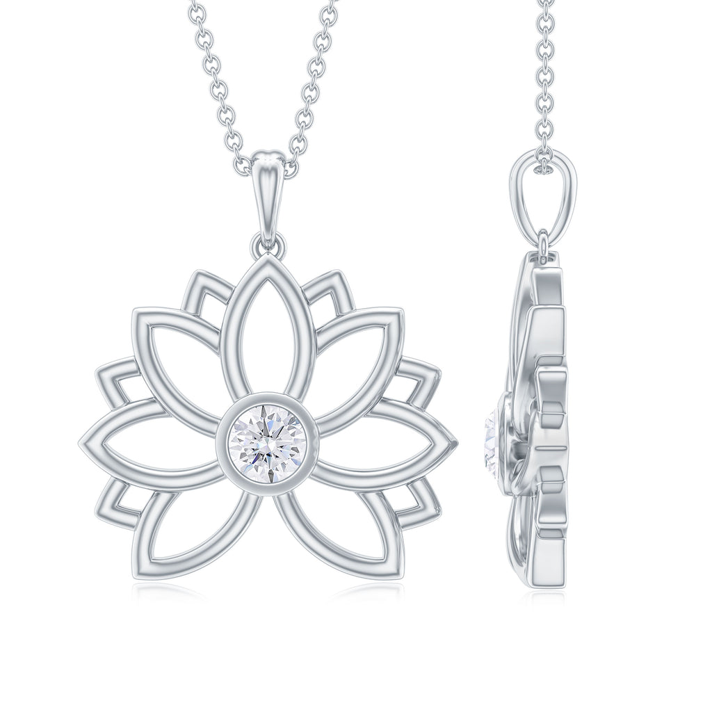 Natural Diamond Gold Lotus Floral Pendant Necklace in Bezel Setting Diamond - ( HI-SI ) - Color and Clarity - Rosec Jewels