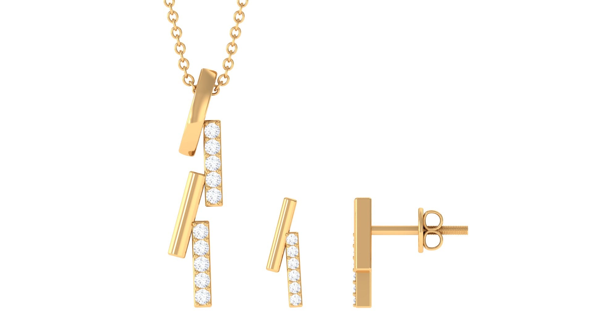 Gold and Diamond Bar Dangle Pendant Earrings Set Diamond - ( HI-SI ) - Color and Clarity - Rosec Jewels