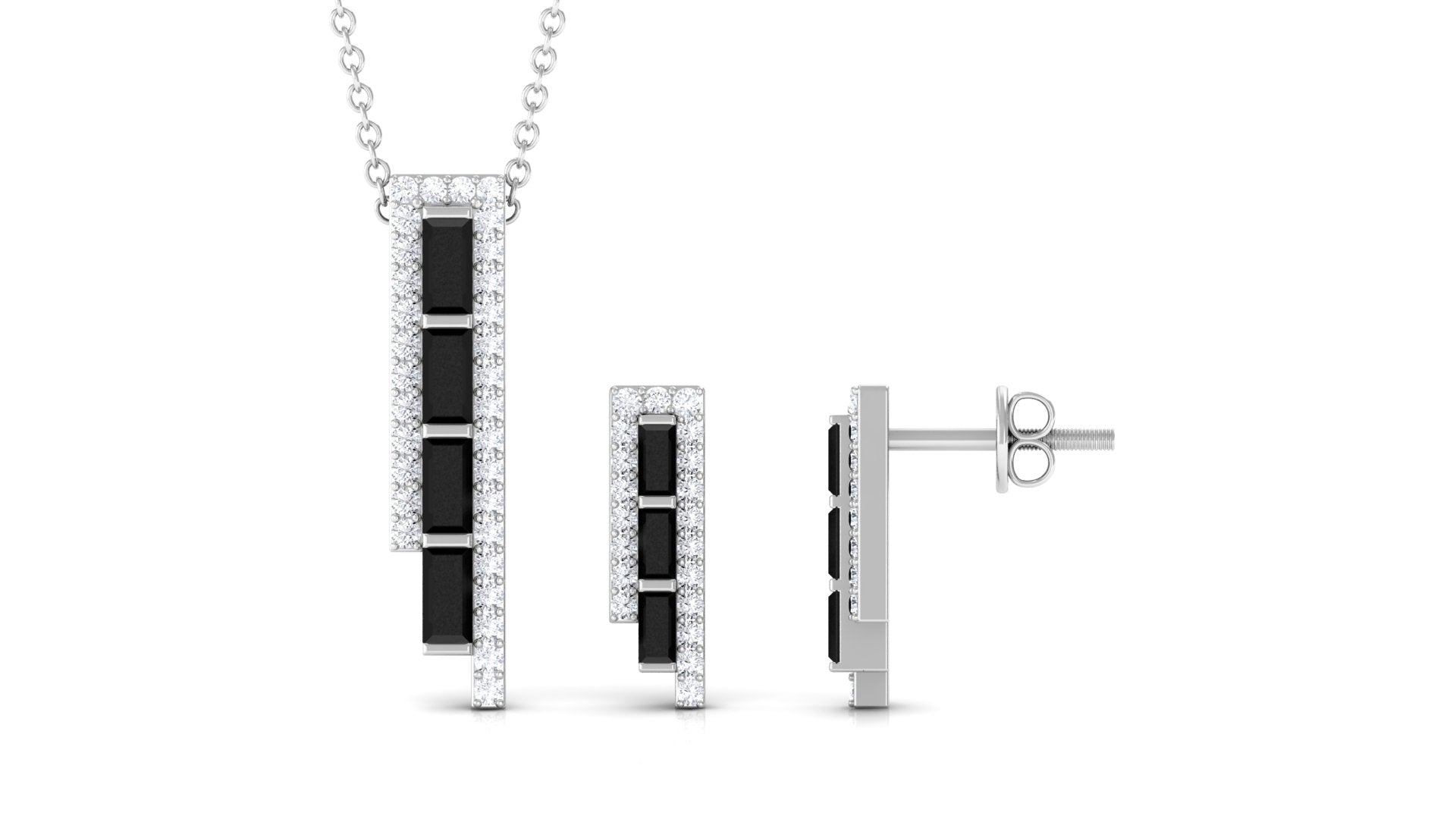 2 CT Baguette Cut Black Onyx Designer Bar Jewelry Set with Diamond Black Onyx - ( AAA ) - Quality - Rosec Jewels