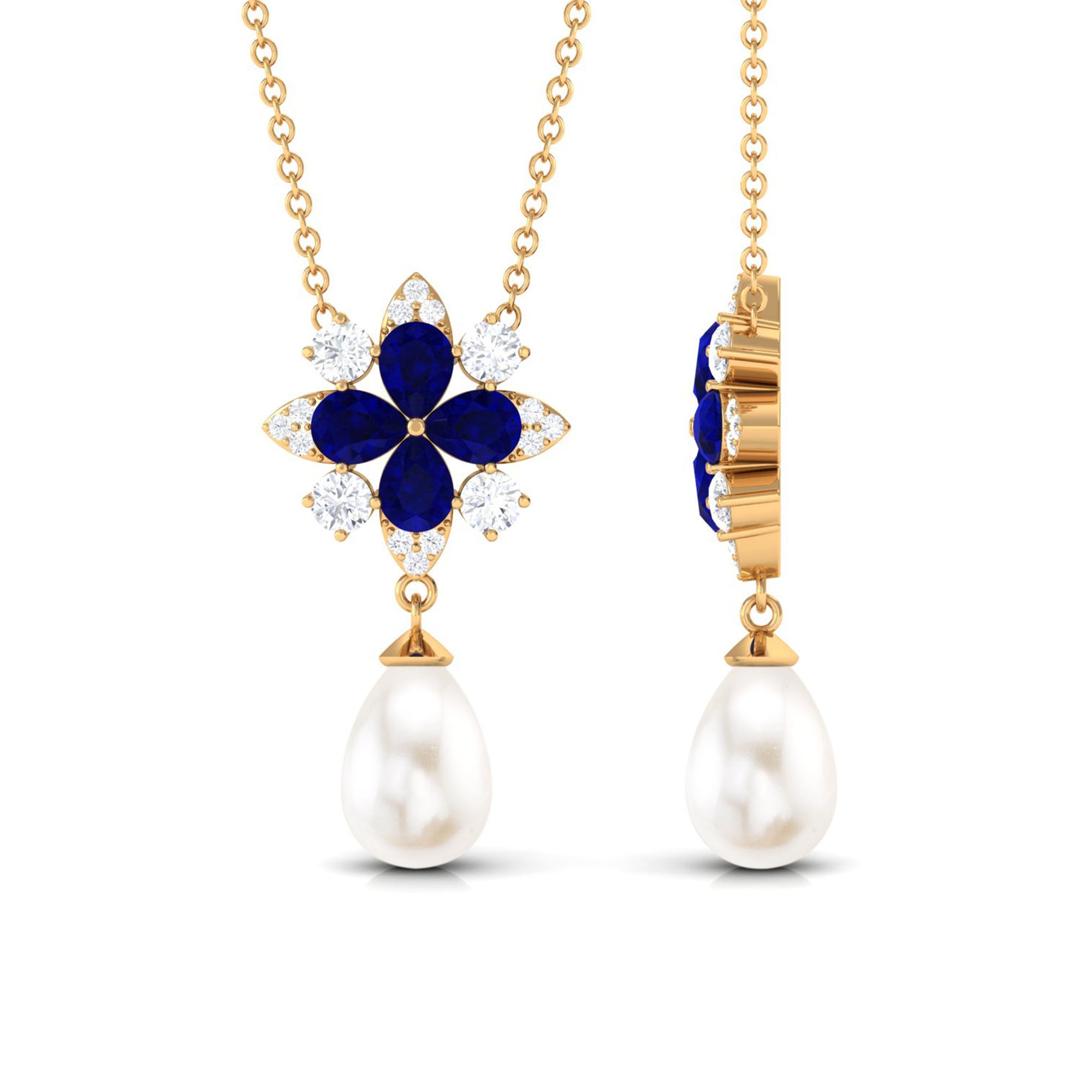 Created Blue Sapphire and Moissanite Flower Necklace with Freshwater Pearl Drop Freshwater Pearl - ( AAA ) - Quality - Rosec Jewels