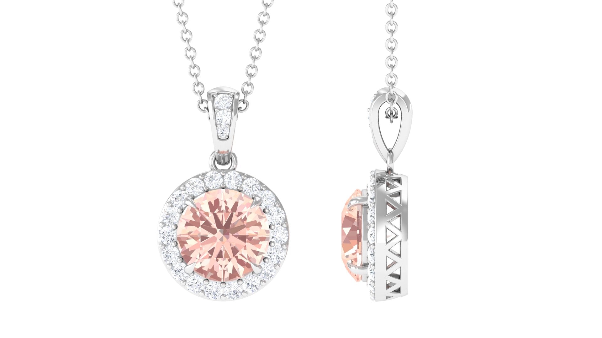 Real Morganite Pendant Necklace With Diamond Halo Morganite - ( AAA ) - Quality - Rosec Jewels