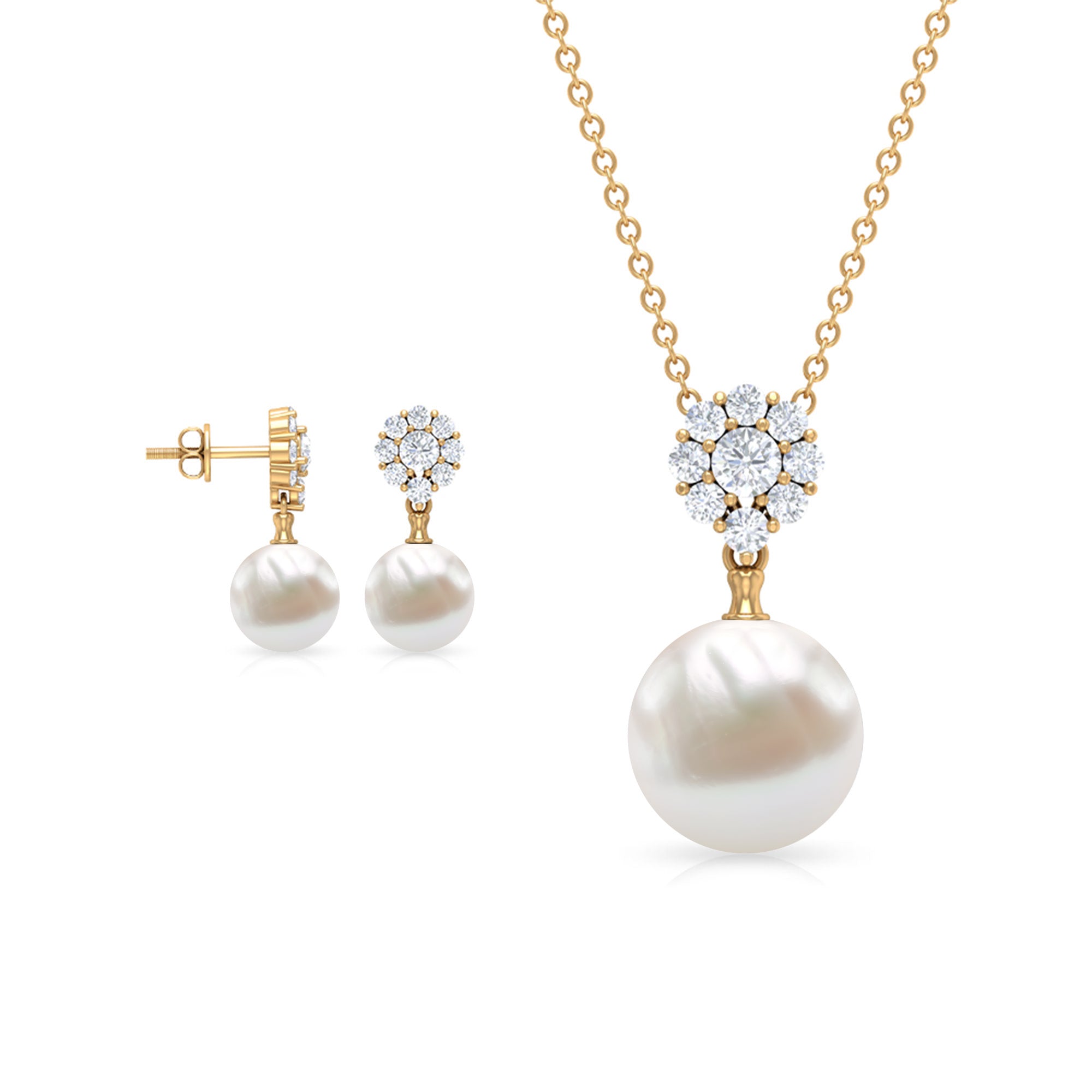 24 CT Moissanite Flower and Freshwater Pearl Drop Jewelry Set Freshwater Pearl - ( AAA ) - Quality - Rosec Jewels