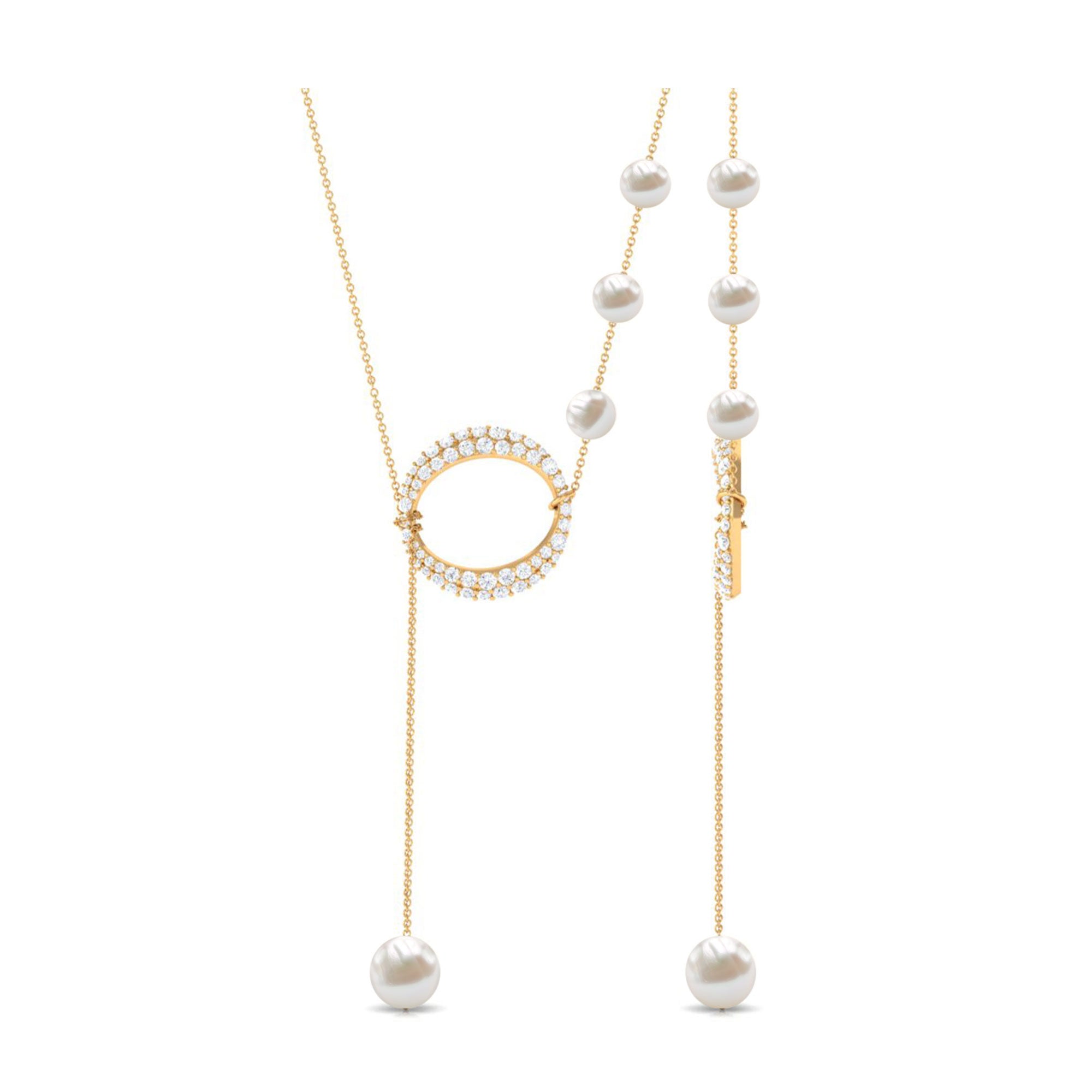 White Freshwater Pearl and Diamond Lariat Eternity Necklace Freshwater Pearl - ( AAA ) - Quality - Rosec Jewels