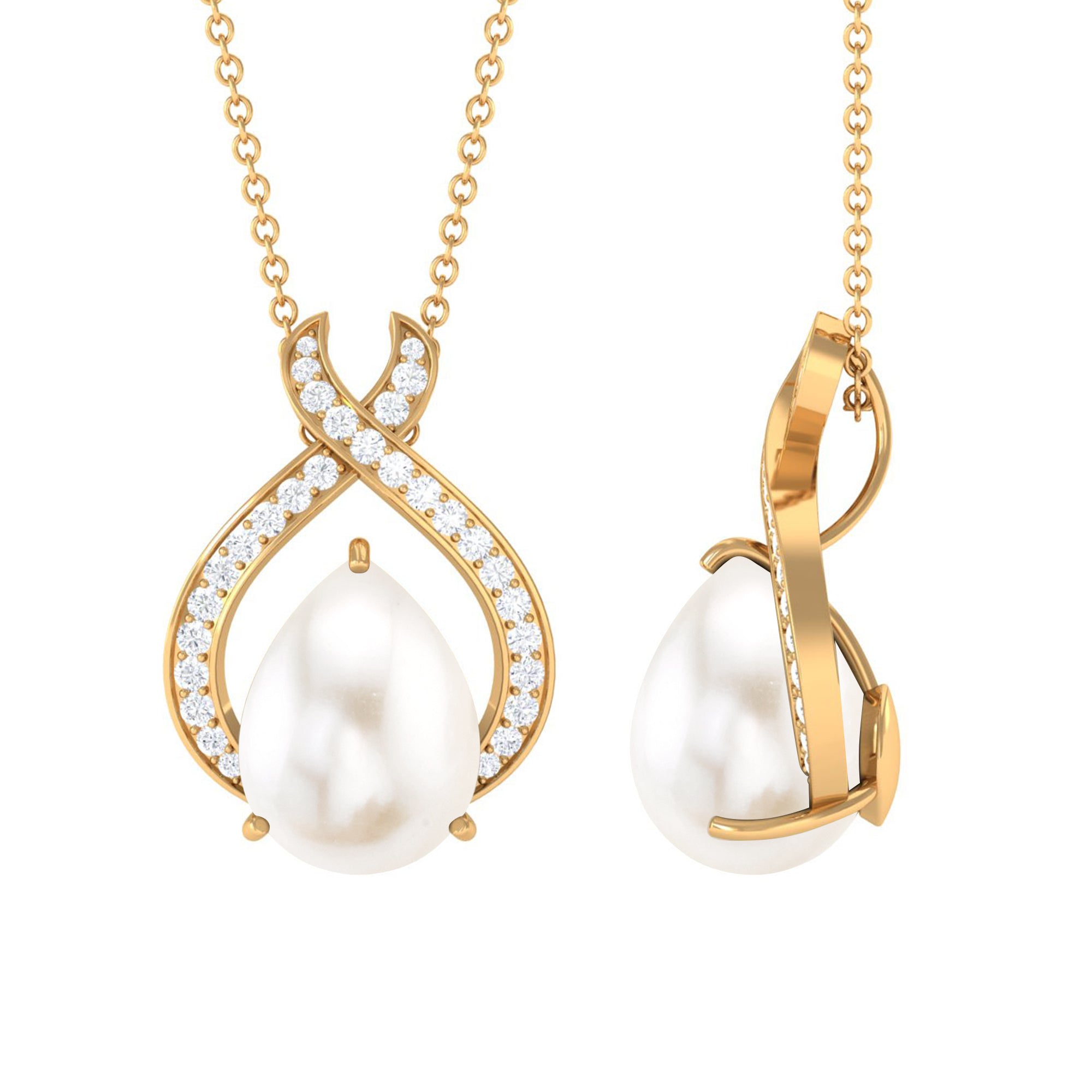 Freshwater Pearl Teardrop Pendant Necklace with Diamond Freshwater Pearl - ( AAA ) - Quality - Rosec Jewels
