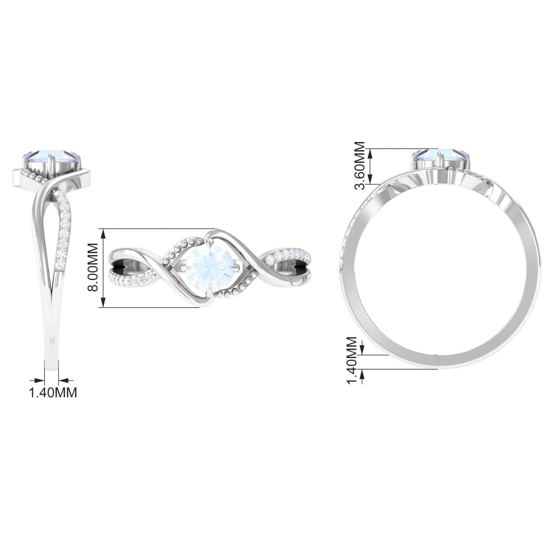 1/2 CT Claw Set Moonstone Solitaire Crossover Ring with Diamond Moonstone - ( AAA ) - Quality - Rosec Jewels