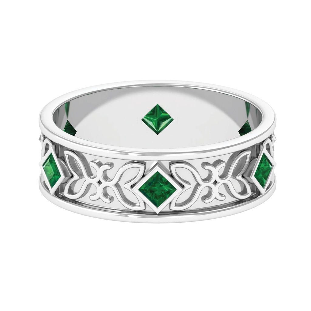 Designer Princess Cut Created Emerald Gold Band Ring Lab Created Emerald - ( AAAA ) - Quality - Rosec Jewels