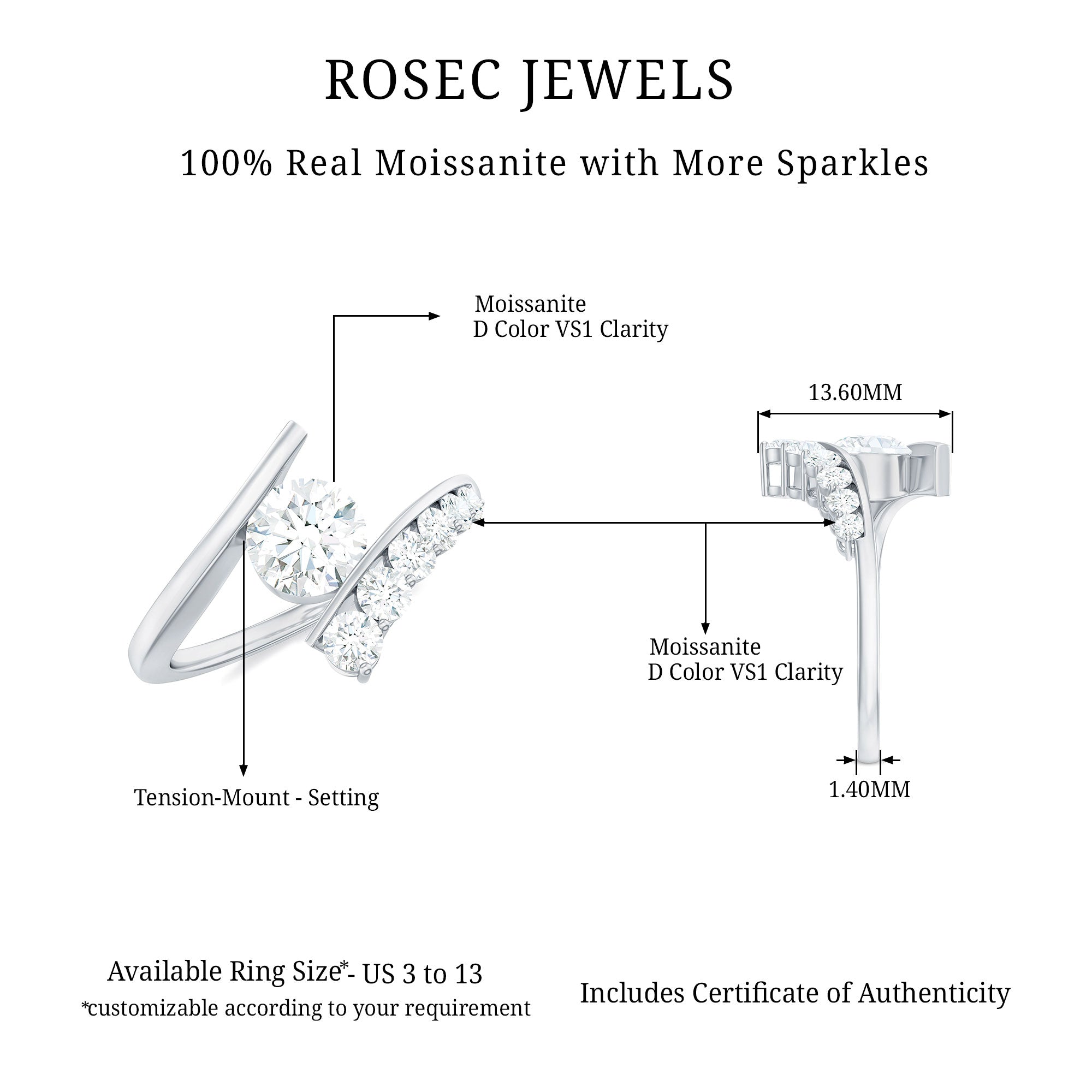 1.50 CT Certified Moissanite Solitaire Bypass Ring Moissanite - ( D-VS1 ) - Color and Clarity - Rosec Jewels