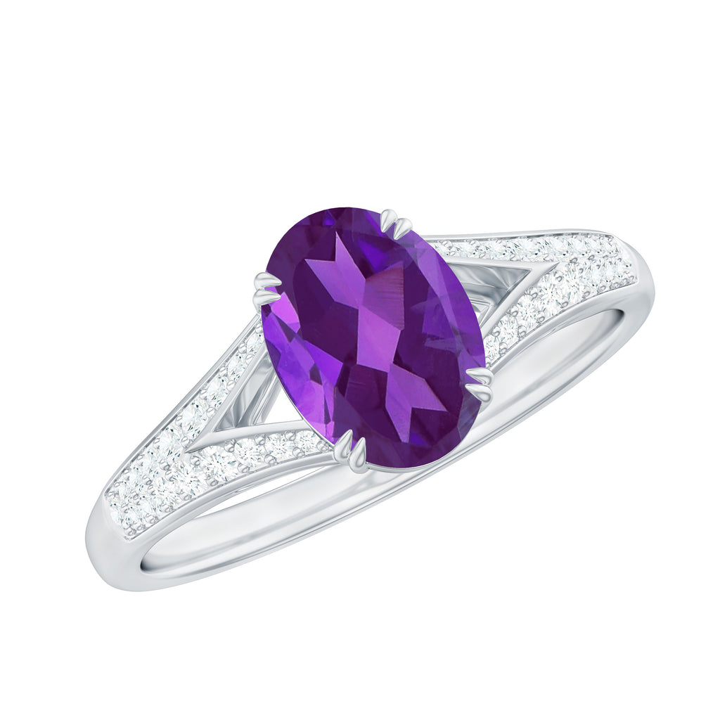 1.25 CT Split Shank Oval Amethyst Solitaire Engagement Ring with Diamond Amethyst - ( AAA ) - Quality - Rosec Jewels