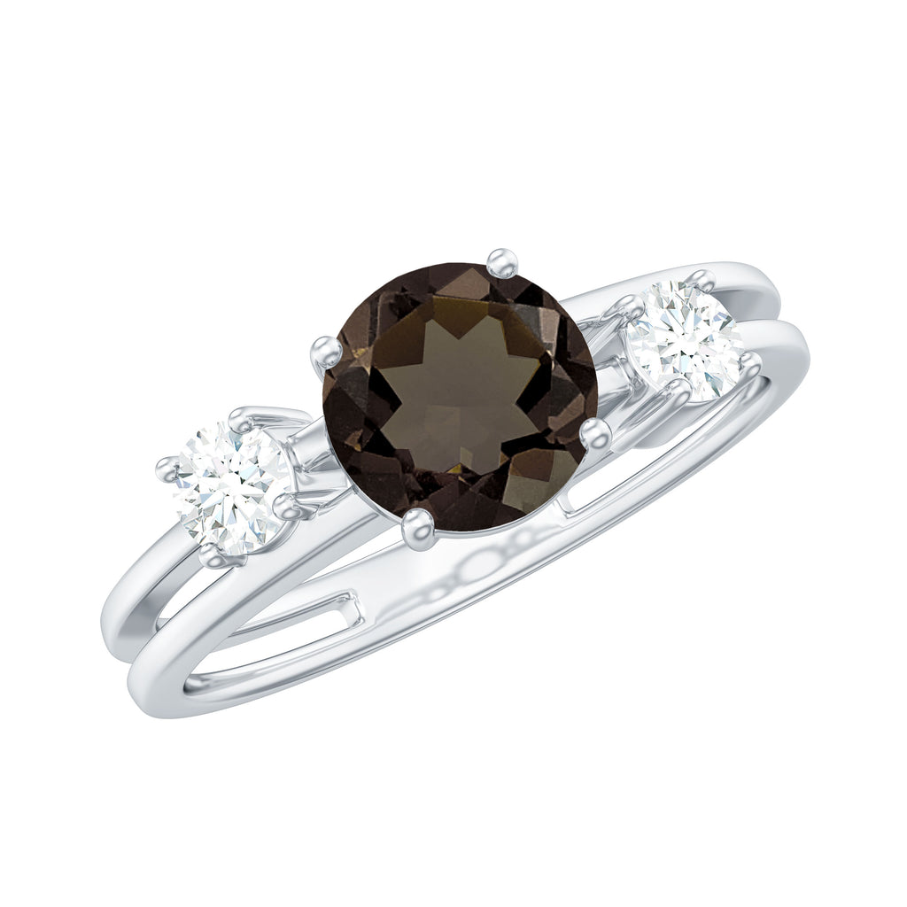 Genuine Smoky Quartz Double Band Ring with Diamond Smoky Quartz - ( AAA ) - Quality - Rosec Jewels