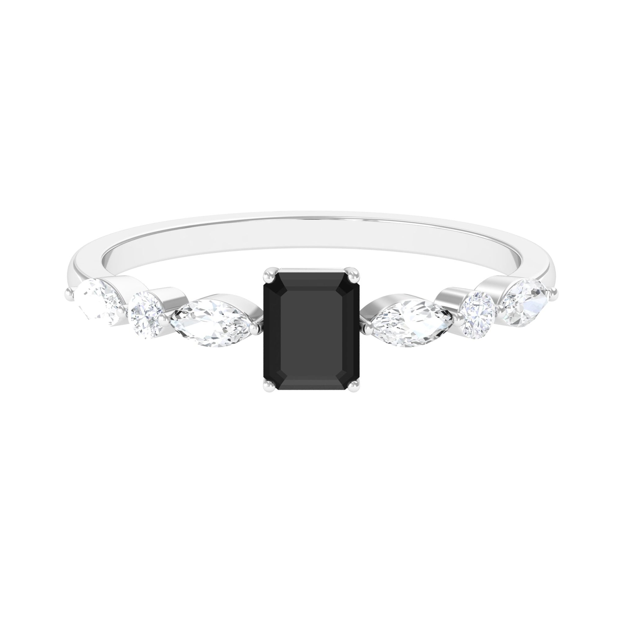 Octagon Black Onyx Solitaire Ring with Diamond Side Stones Black Onyx - ( AAA ) - Quality - Rosec Jewels
