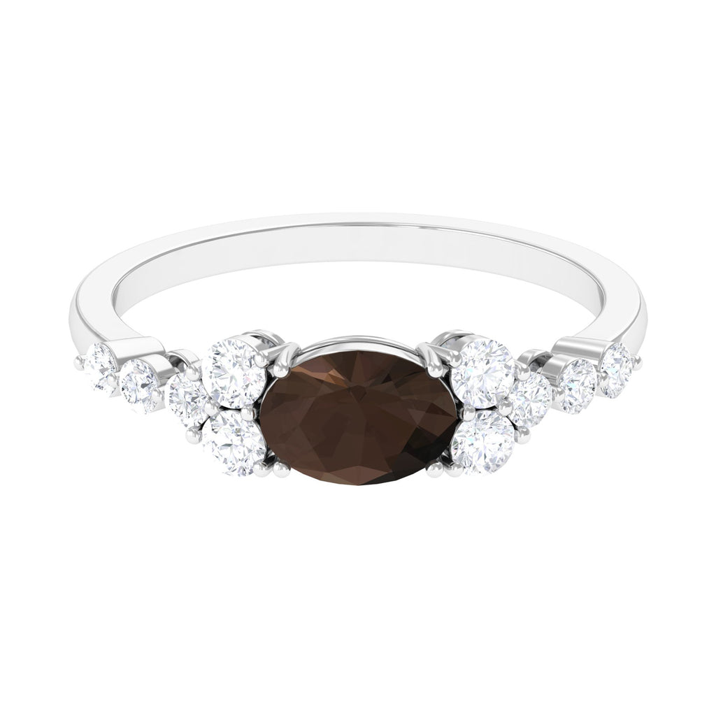 Solitaire Smoky Quartz East West Ring with Diamond Side Stones Smoky Quartz - ( AAA ) - Quality - Rosec Jewels