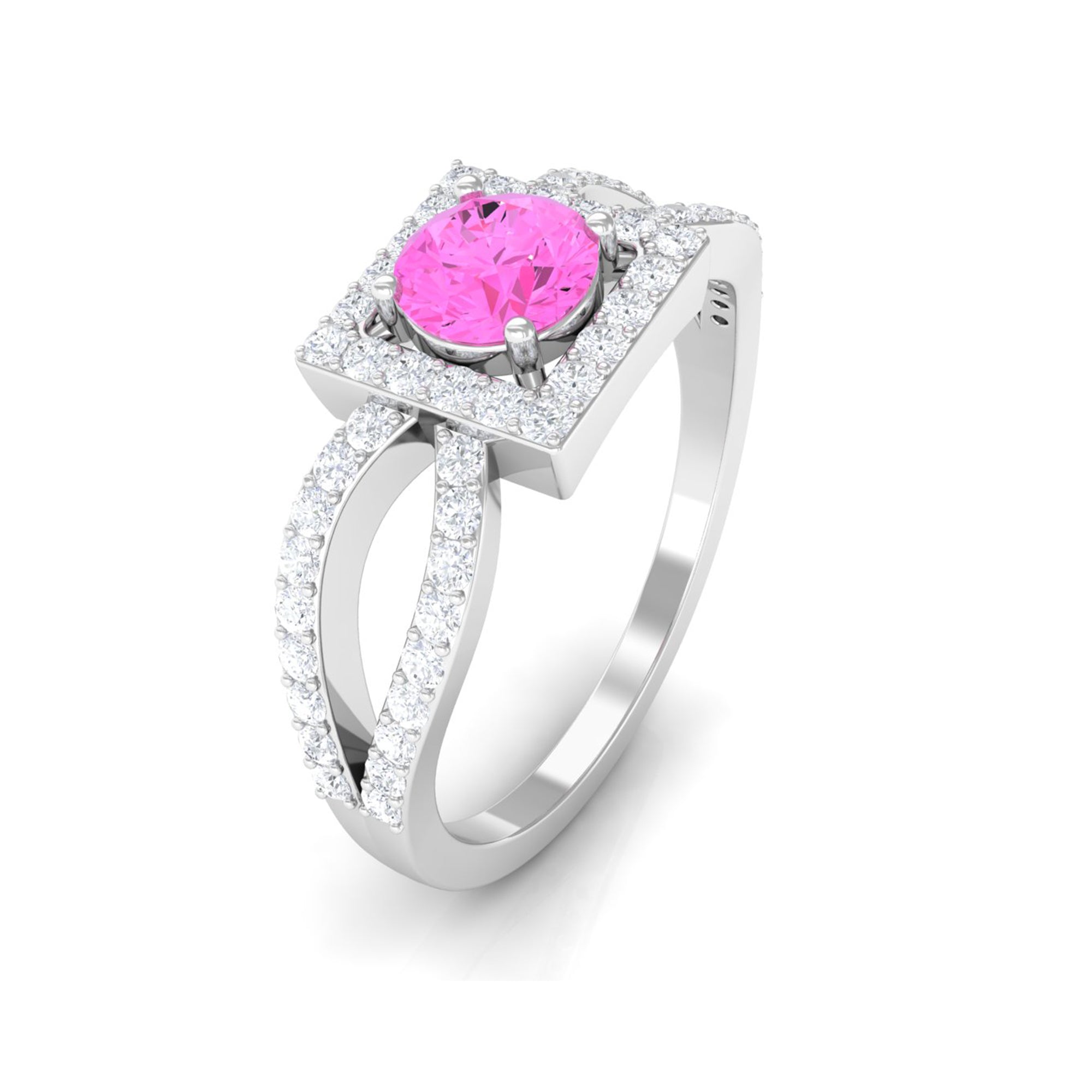 Round Pink Sapphire and Diamond Halo Ring in Split Shank Pink Sapphire - ( AAA ) - Quality - Rosec Jewels
