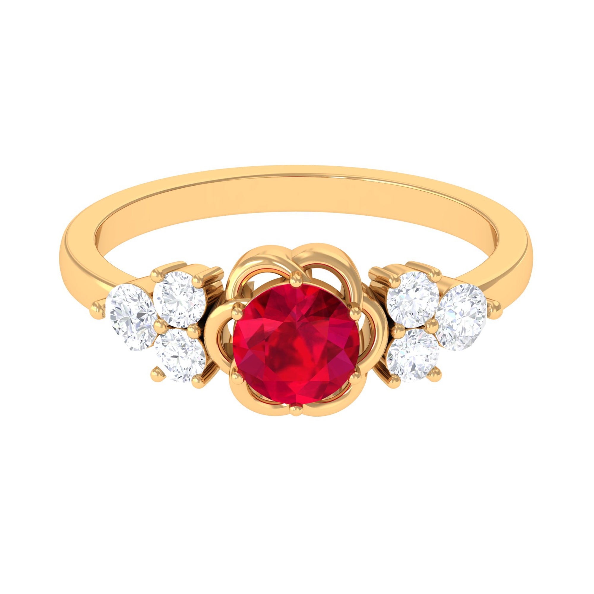 Lab Grown Ruby Flower Ring with Diamond Trio Lab Created Ruby - ( AAAA ) - Quality - Rosec Jewels