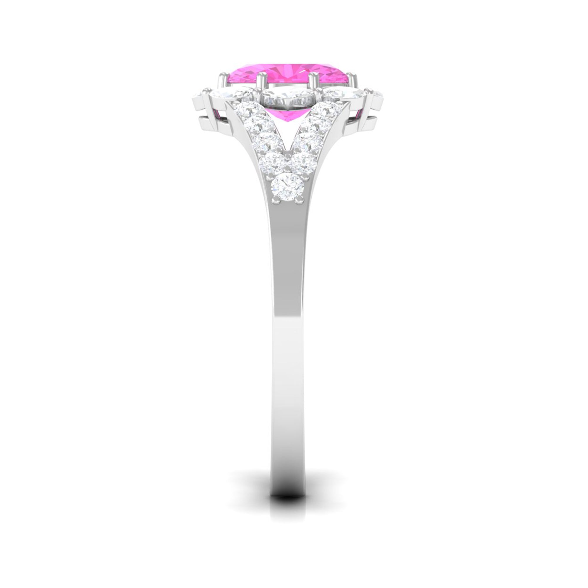 Designer Pink Sapphire and Diamond Halo Engagement Ring with Split Shank Pink Sapphire - ( AAA ) - Quality - Rosec Jewels
