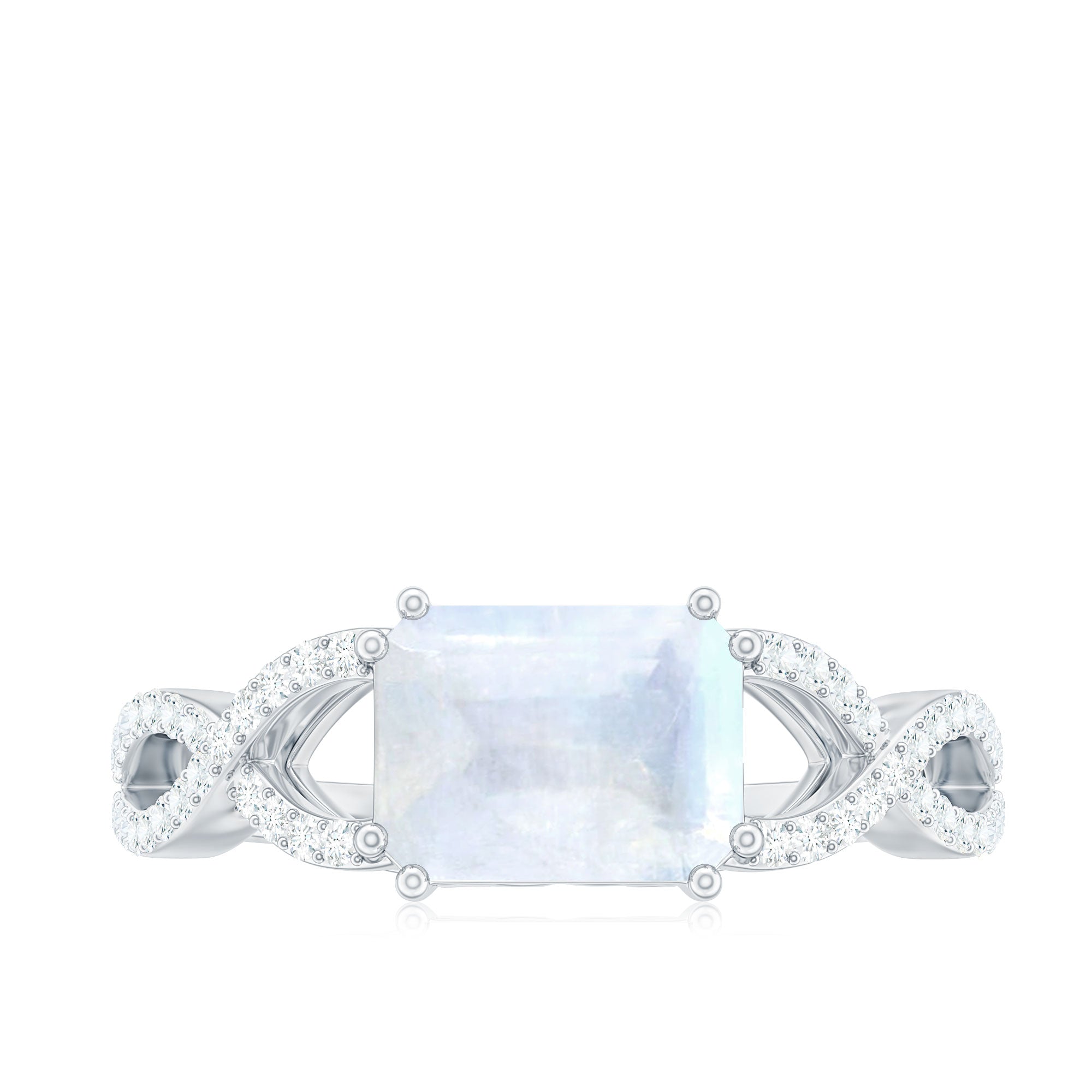2 CT Emerald Cut Moonstone East West Crossover Ring with Diamond Moonstone - ( AAA ) - Quality - Rosec Jewels