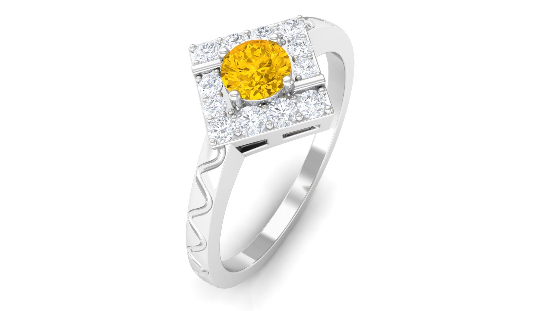 Yellow Sapphire Minimal Textured Shank Ring with Diamond Halo Yellow Sapphire - ( AAA ) - Quality - Rosec Jewels