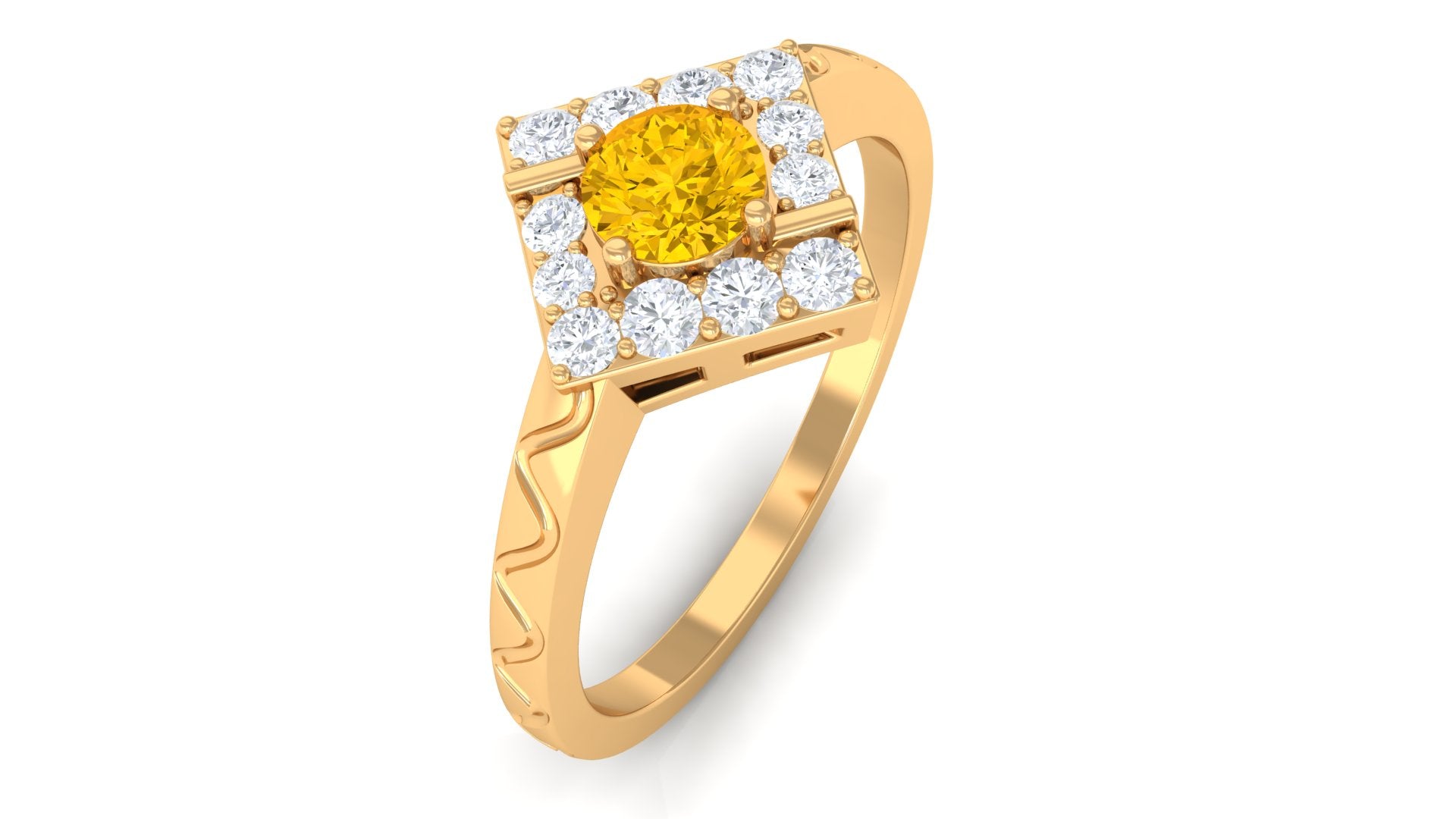 Yellow Sapphire Minimal Textured Shank Ring with Diamond Halo Yellow Sapphire - ( AAA ) - Quality - Rosec Jewels