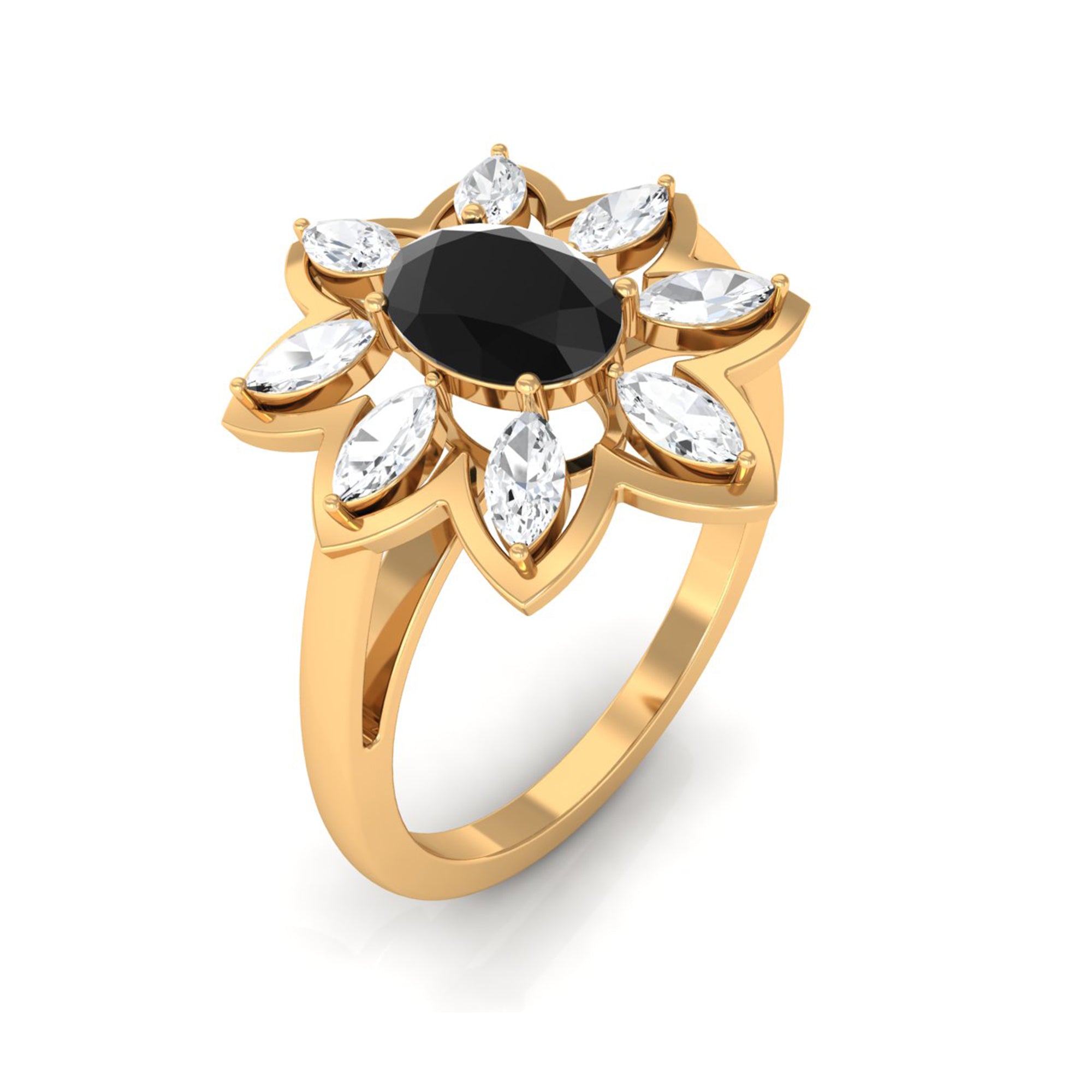 1.25 Ct Oval Black Onyx Flower Cocktail Ring with Moissanite Black Onyx - ( AAA ) - Quality - Rosec Jewels