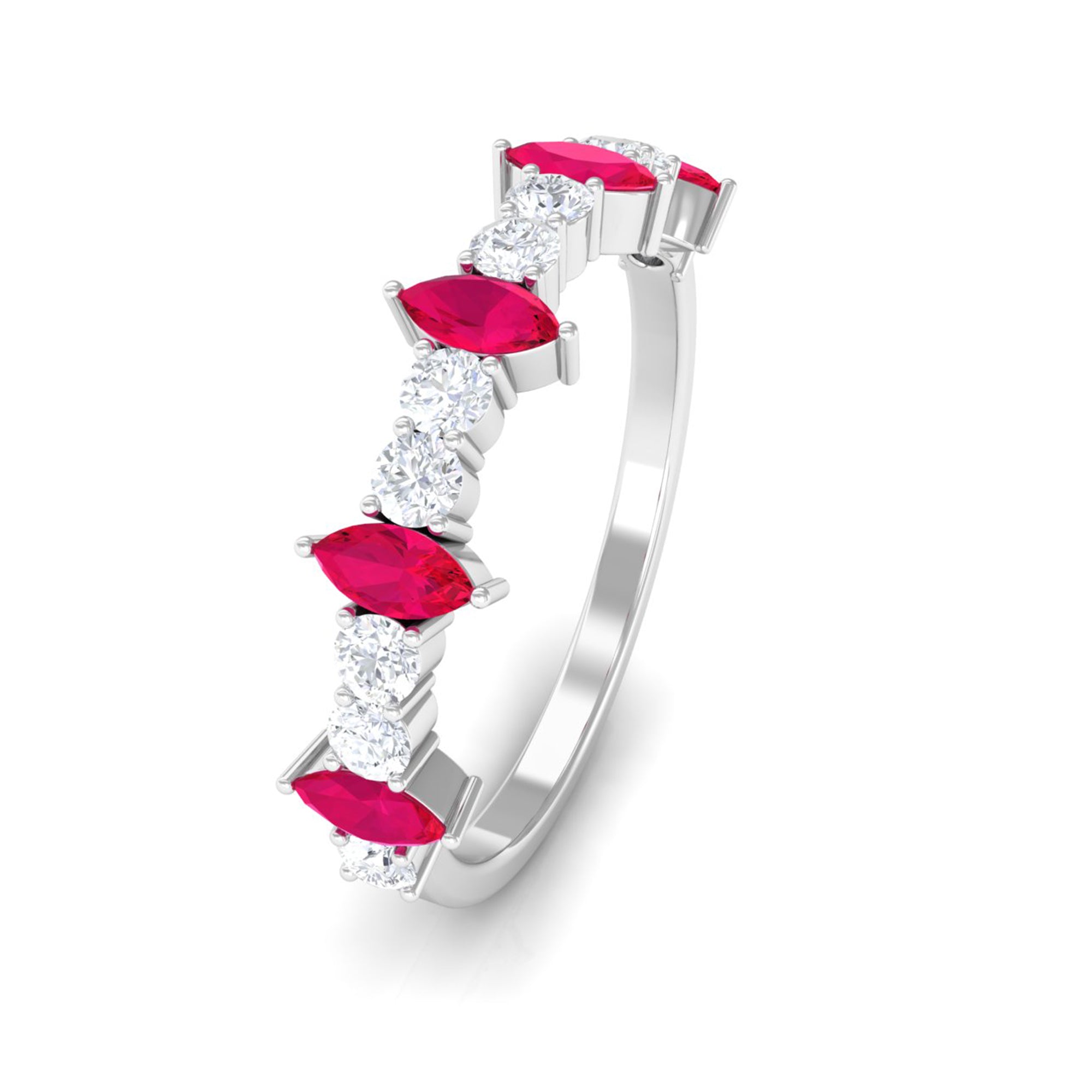 Red Ruby and Diamond Half Eternity Ring Ruby - ( AAA ) - Quality - Rosec Jewels