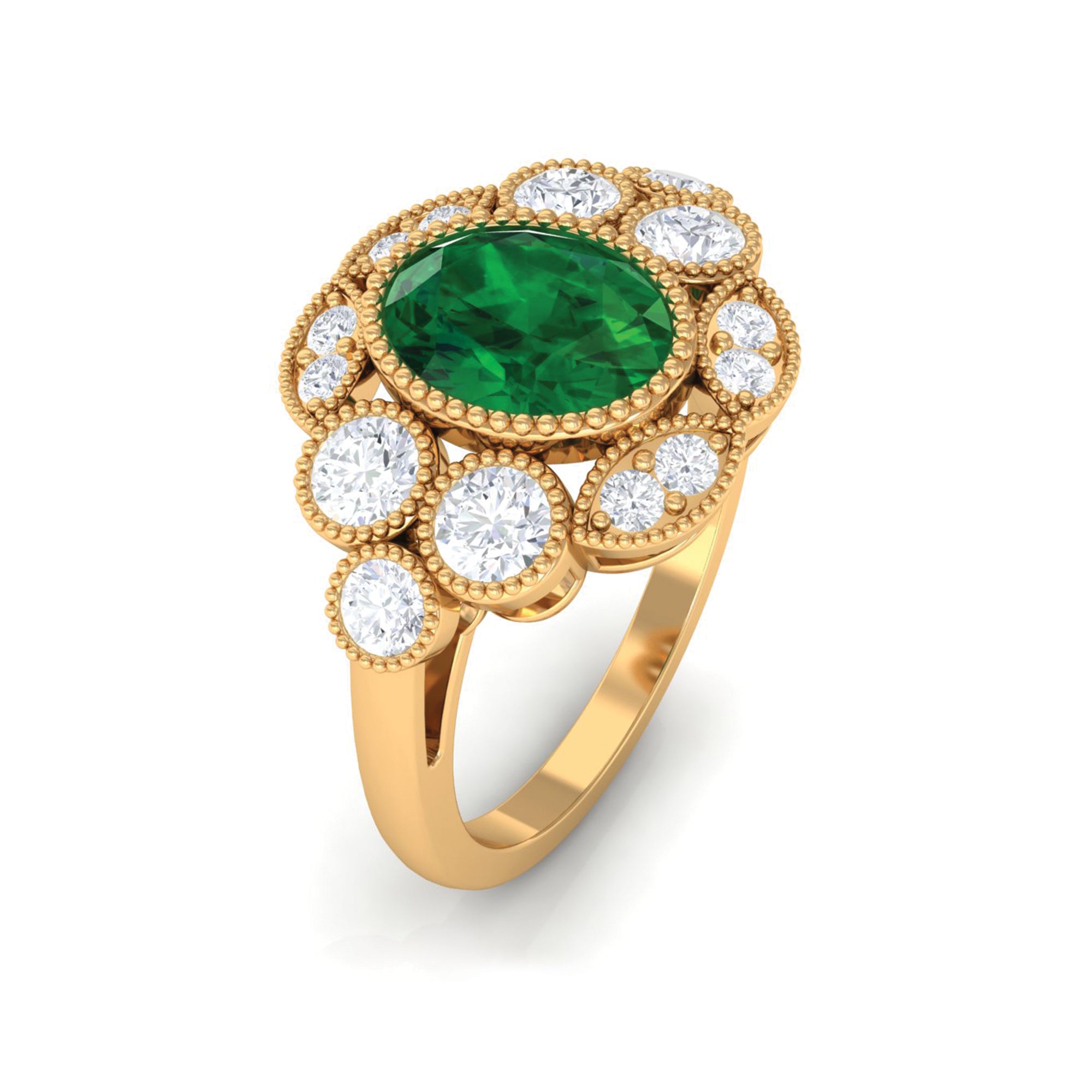 Oval Created Emerald Statement Engagement Ring with Moissanite Halo Lab Created Emerald - ( AAAA ) - Quality - Rosec Jewels