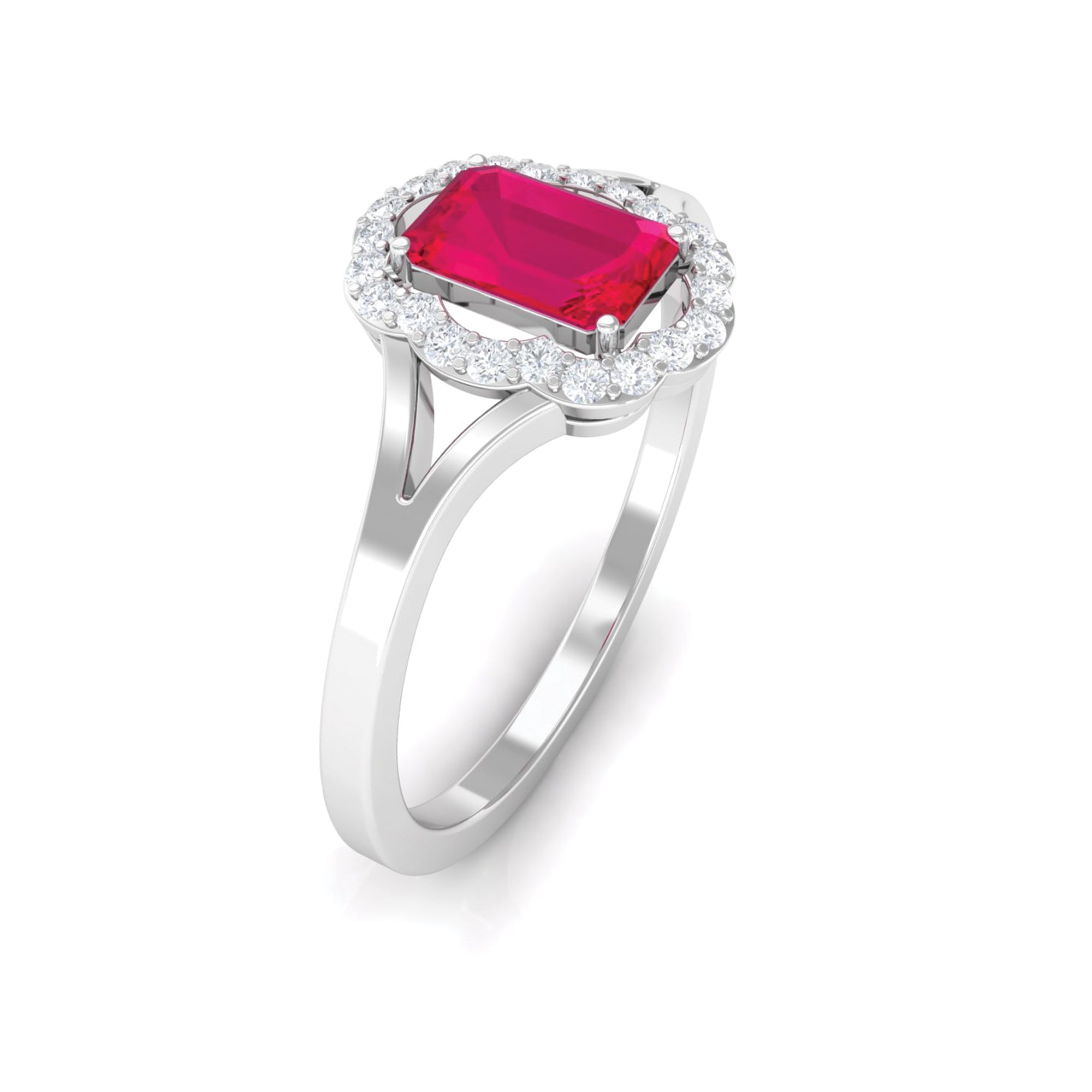 Emerald Cut Ruby and Diamond Floral Halo Ring with Split Shank Ruby - ( AAA ) - Quality - Rosec Jewels