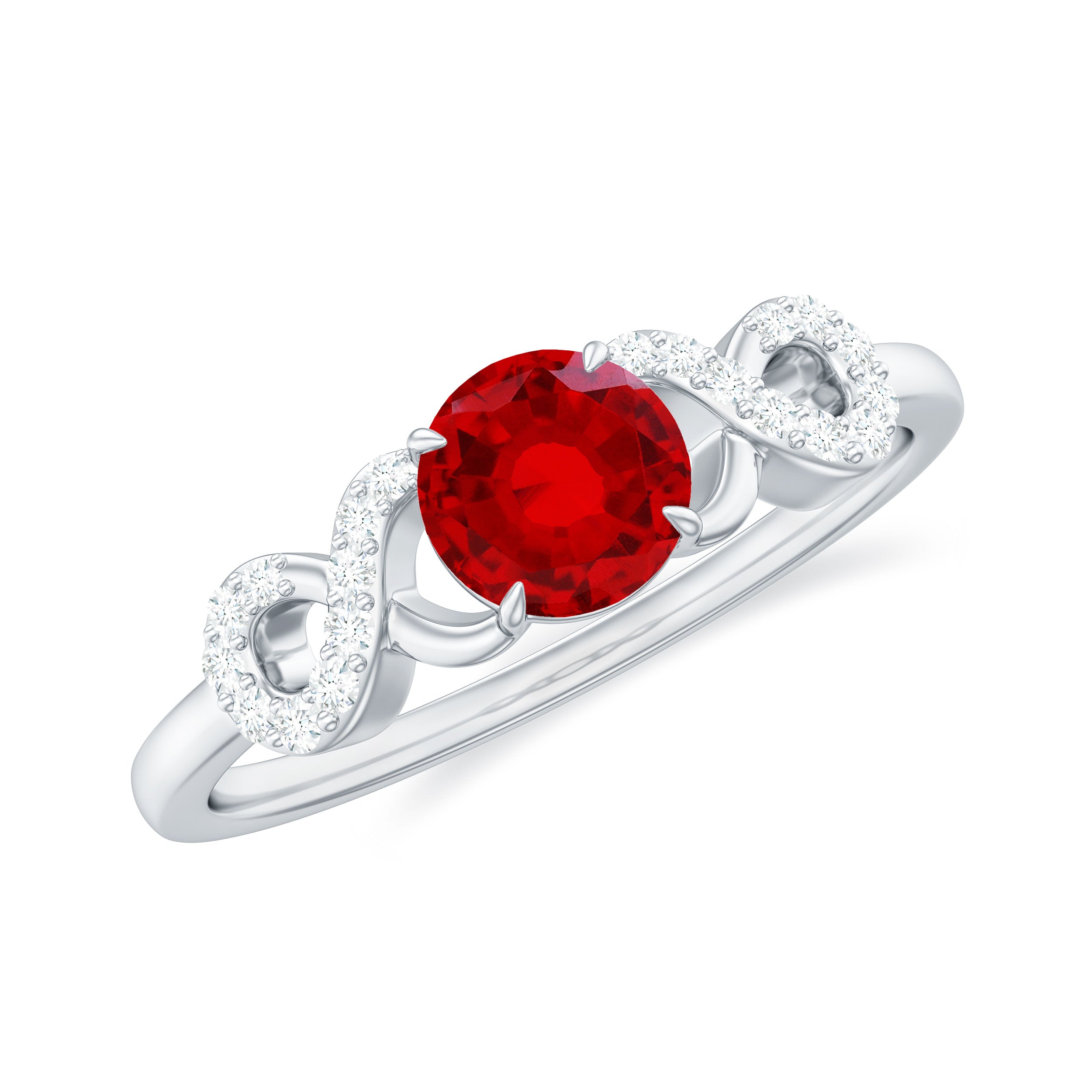 Round Shape Lab Grown Ruby Solitaire Infinity Ring with Diamond Lab Created Ruby - ( AAAA ) - Quality - Rosec Jewels