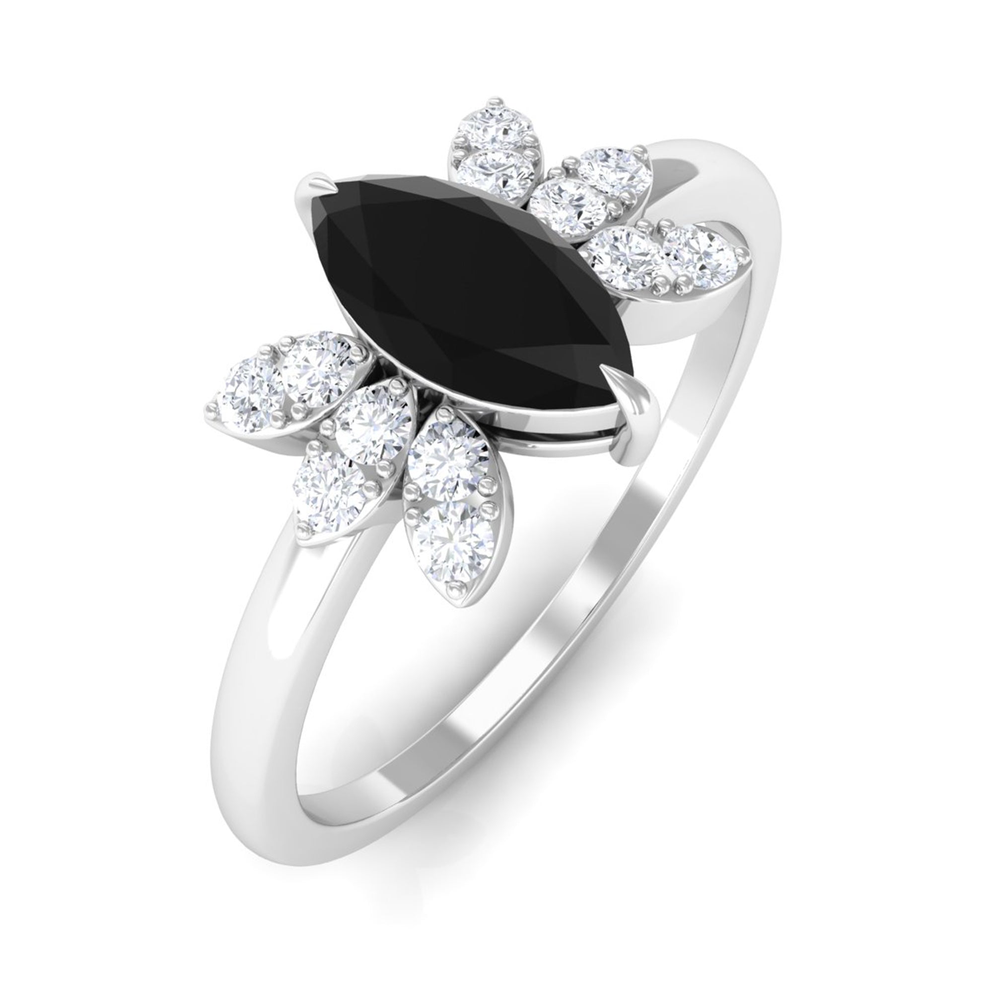 1 CT Claw Set Marquise Black Spinel and Diamond Promise Ring Black Spinel - ( AAA ) - Quality - Rosec Jewels