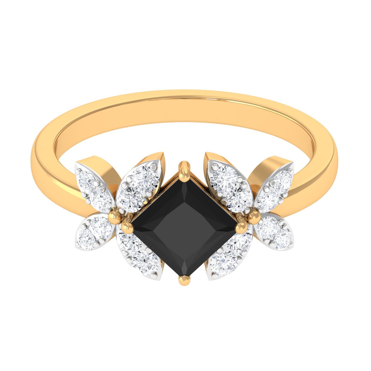 1 CT Princess Cut Black Onyx and Diamond Floral Inspired Engagement Ring Black Onyx - ( AAA ) - Quality - Rosec Jewels